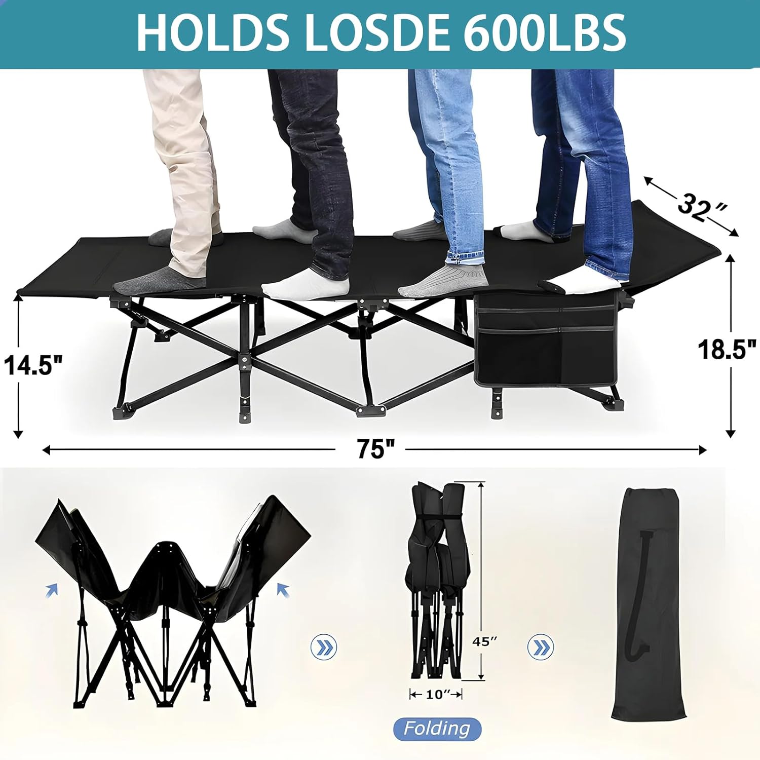 Folding Camping Cot XL for Adults 600LBS(Max Load) Heavy Duty Sleeping Cots with Mattress, Carry Bag, 1200D Double Layer Oxford Portable Camp Cots for Home Office Outdoor (Black, 1 Pack)