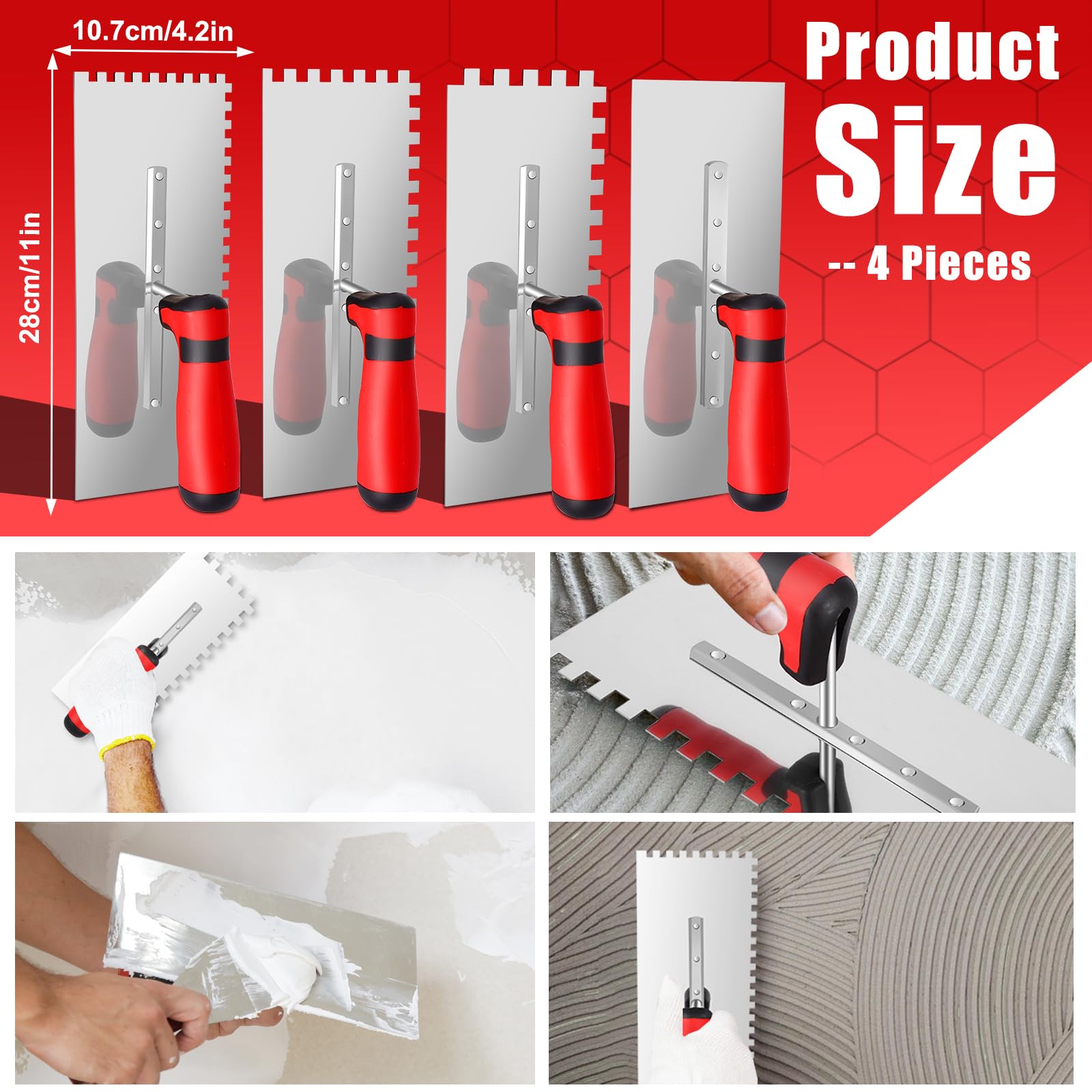 Set per Piastrelle da 4 Pezzi, Cazzuole in Ccciaio Inossidabile, Denti da 6x6 mm, 8x8 mm, 10x10 mm e Spatola per Lisciare, Impugnatura Morbida Comfort, Dimensioni Della Lama 280x107 mm