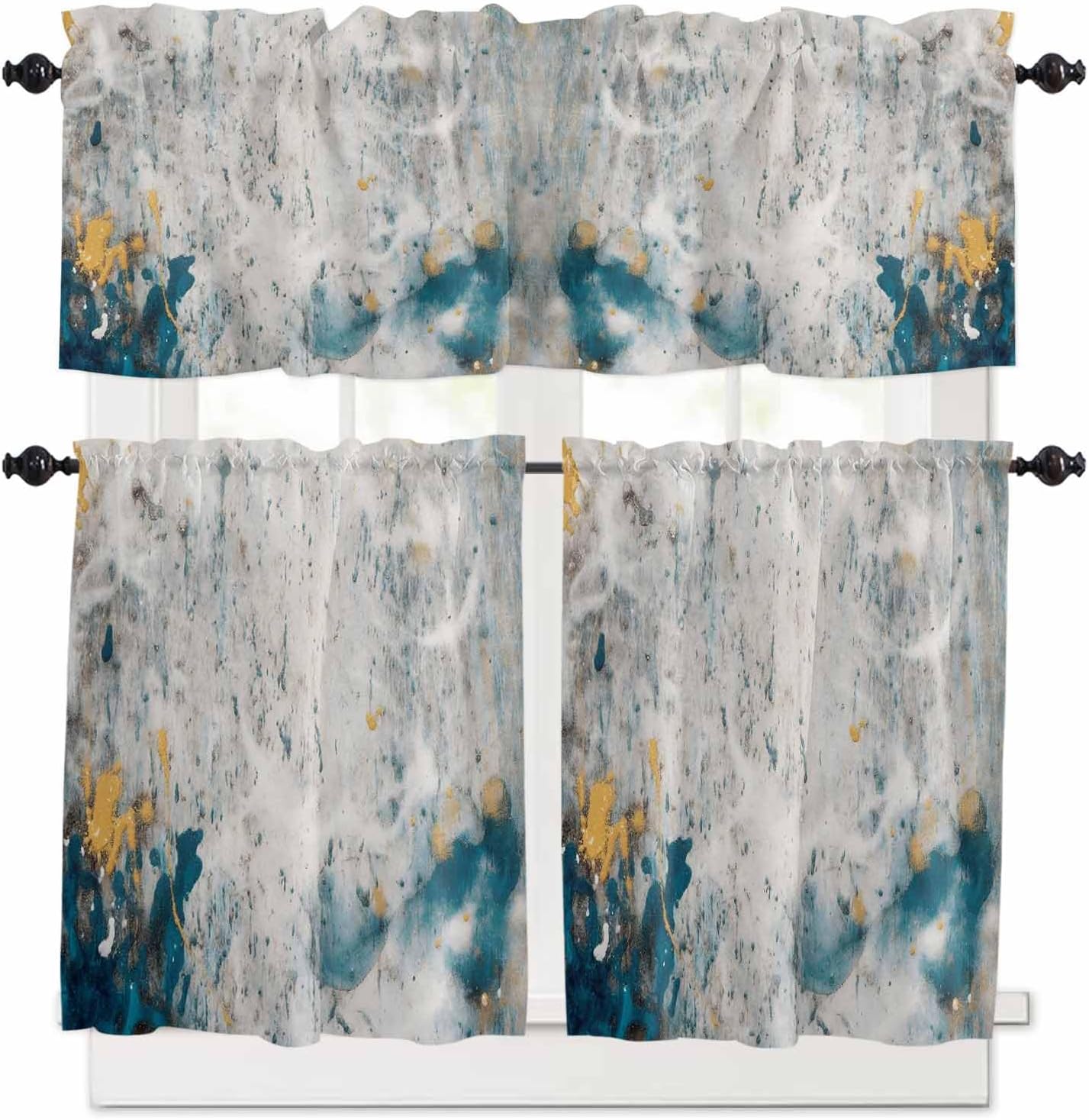 Cortinas de cocina color verde azulado gris, arte abstracto moderno, juego de 3 piezas, cenefa y niveles de 24 pulgadas de largo, cortinas de media