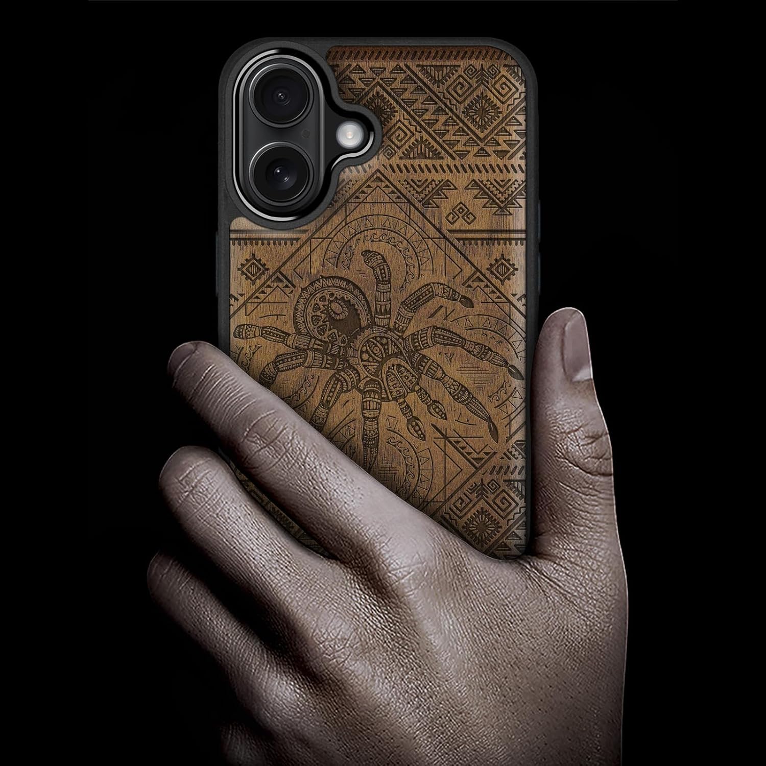 Carveit Magnetic Wooden Case for iPhone 17 Case, Wood Artisan Engraved & Black Soft TPU Shockproof Cover, Compatible with MagSafe Wireless Chargers (Intricate Tribal Spider Design) Walnut