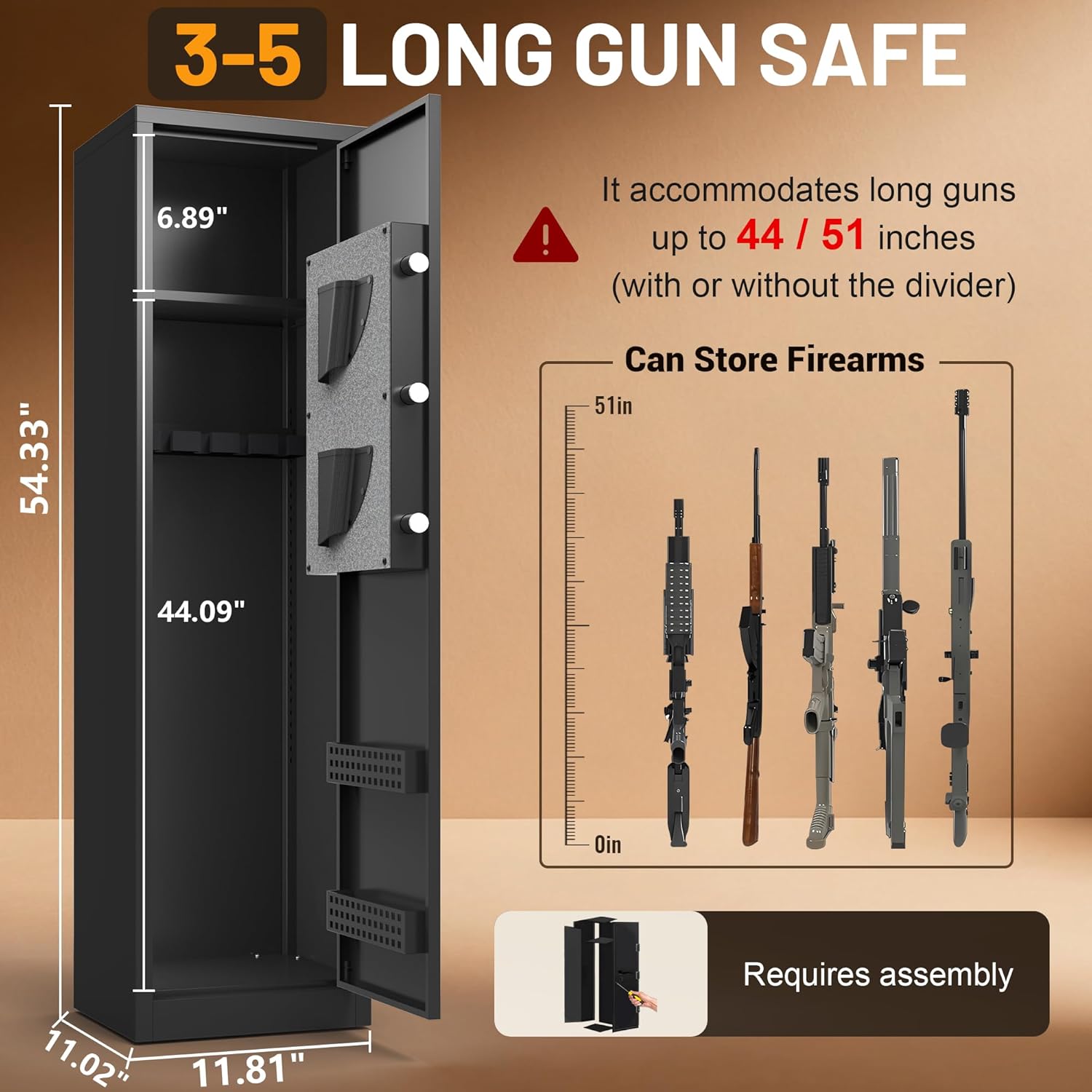 Marcree Gun Safe, 3-5 Digital Gun Cabinet for Rifle and Pistol with Removable Shelf, Rifle Safes with Alarm System, Mute Mode, Quick Access Shotgun Safe for Home, Assembly Required, 54.33“H