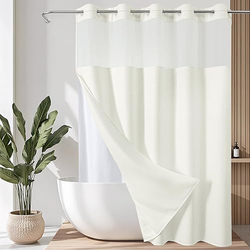 VANZAVANZU Cortina de ducha sin ganchos con parte superior de malla y forro impermeable a presión, tejido de gofre, dobladillo de imanes pesados,