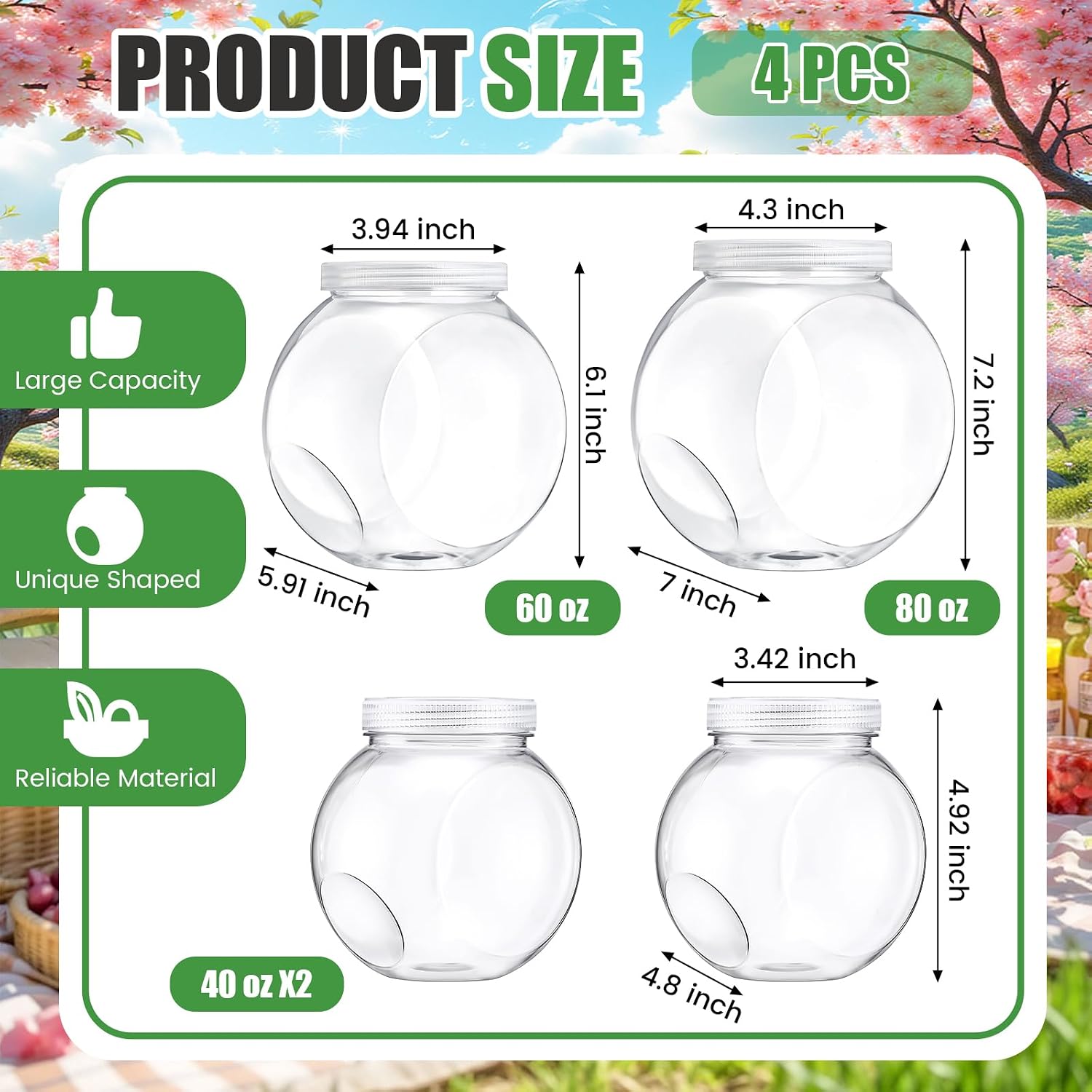 Willinglong 4 Pcs 40/60/80 oz Plastic Candy Jar with Lid, Clear Cookie Jars