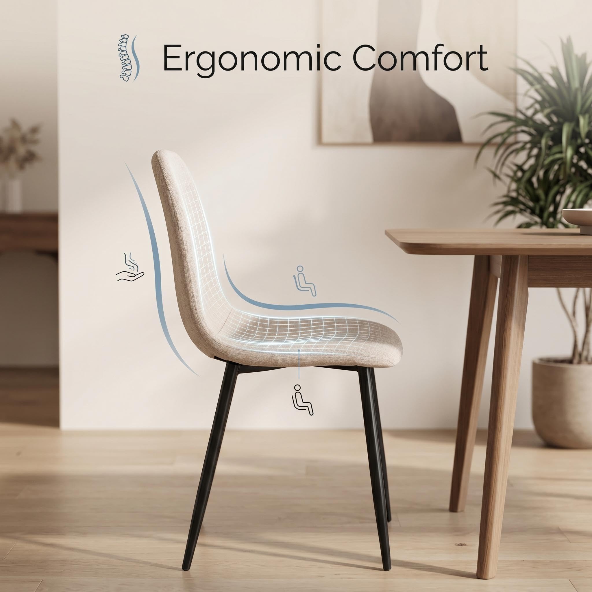 Homy Casa Set di 4 sedie da pranzo in morbido tessuto fiammato, stile scandinavo, con gambe in metallo nero, per cucina, sala da pranzo, soggiorno, camera da letto, Beige scuro
