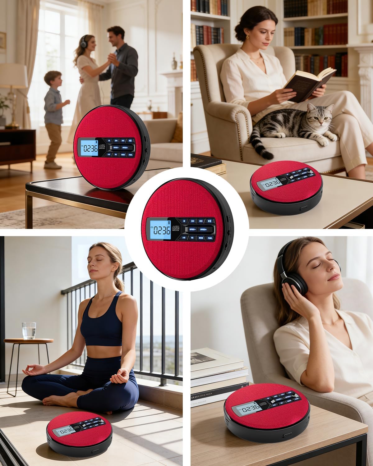 CD Player Portable with Speakers - Rechargeable Personal CD Player for Car and Home, Small Fabric Music Player with Backlit Display, Anti-Skip, AUX/USB Port - Ideal for Audiobooks & Gifts (Red)