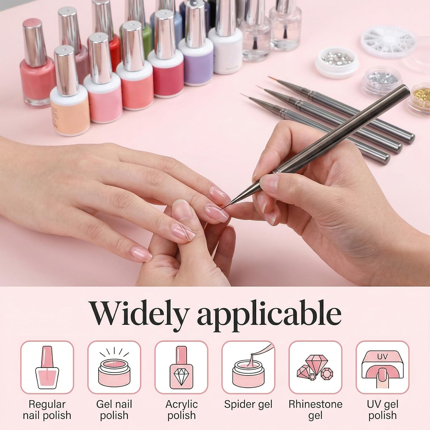 5PCS Nail Liner Brush Set - Professional Metal Handle Liner Brushes for Nails for Gel Polish Detail Painting Striping - Fine Nail Art Brushes Salon DIY Manicure Tools with Protective Caps