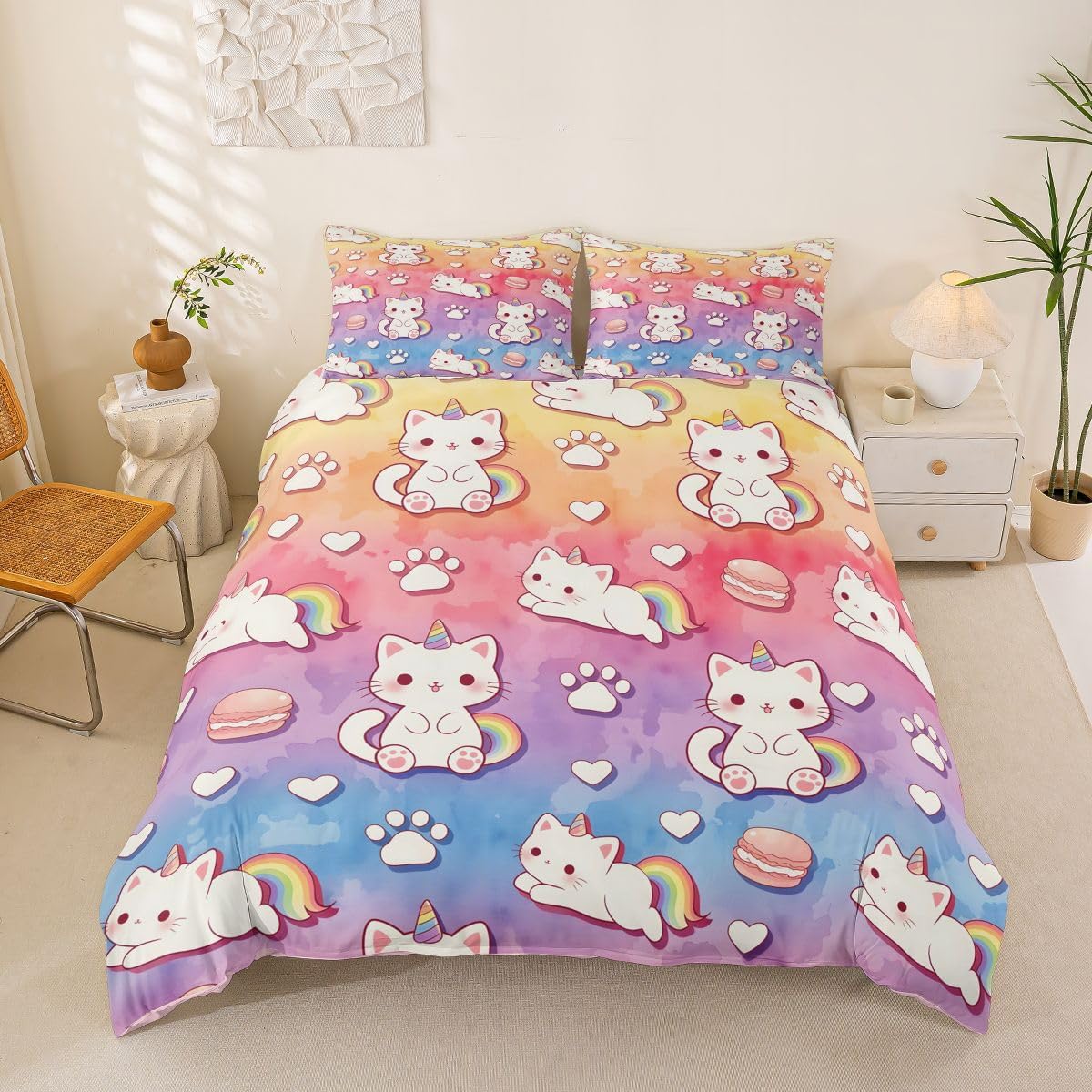 Feelyou Cute Animals Duvet Cover King Size Boys Girls Rainbow Cats Bedding Set Breathable Soft Kawaii Pets Comforter Cover 3Pcs Bedroom Decor No Comforter Microfiber Zipper Closure