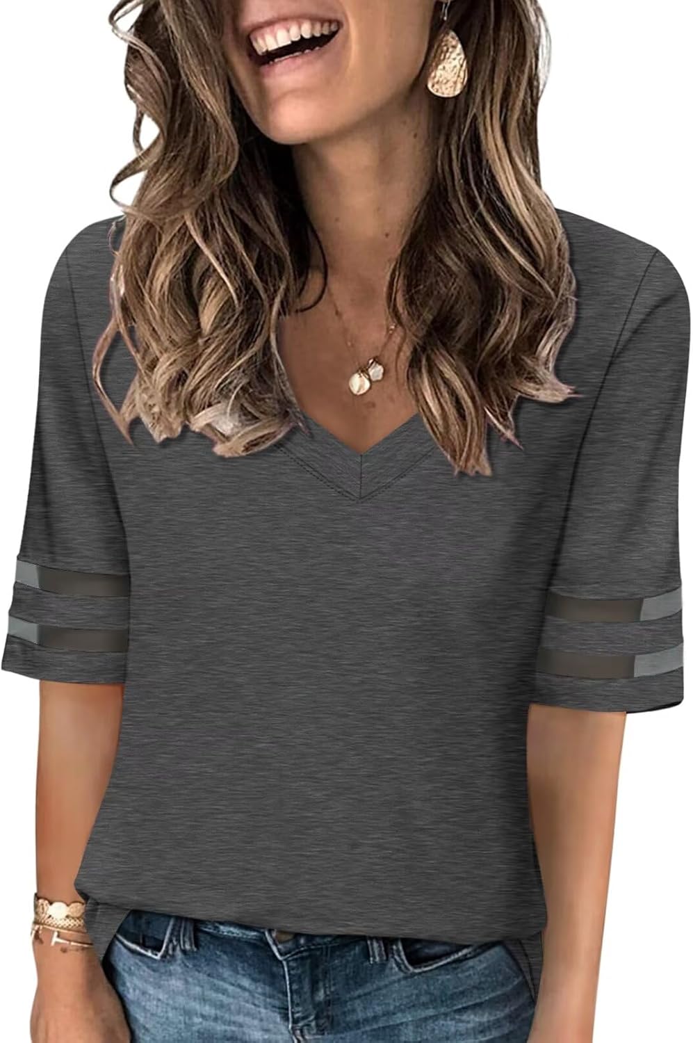 TICTICMISS Women's V Neck T Shirts Mesh Panel Short Sleeve Tops Casual Summer Tees