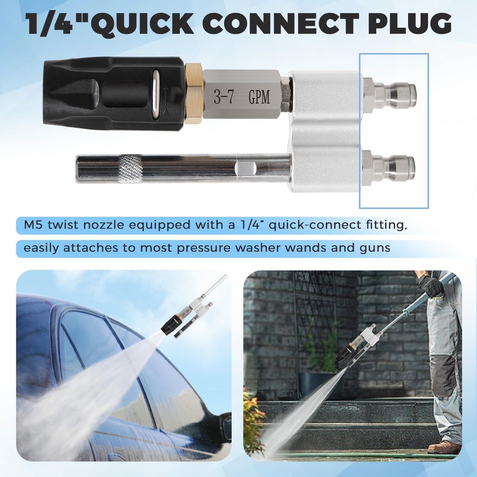 Shooter Tip M5 Twist Nozzle for Pressure Washer, Adjustable Long Range Soap Nozzle, 3-7 GPM