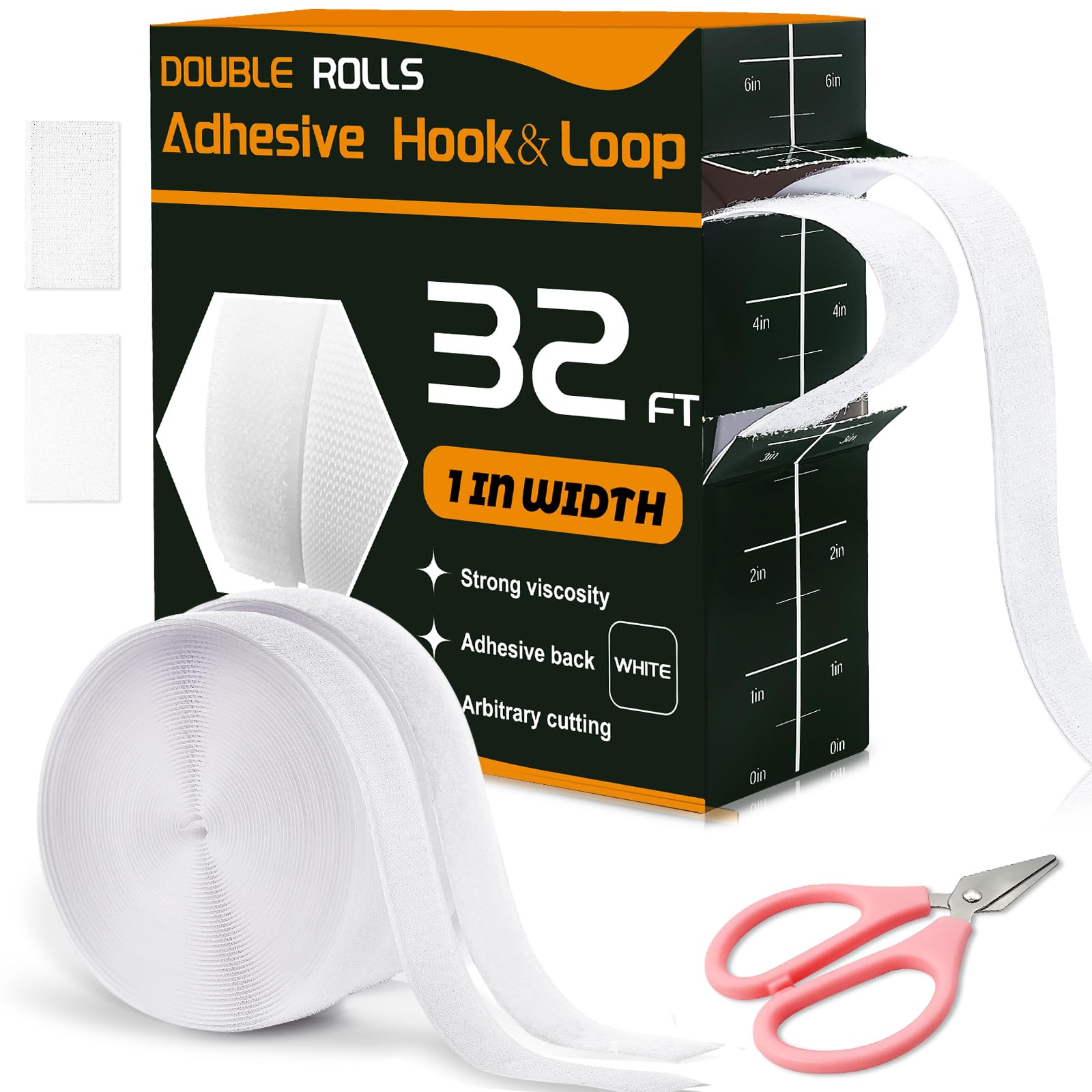 32 Ft × 1 Inch Hook and Loop Strips with Adhesive, 2 Rolls White Self Sticky Double Sided Heavy Duty Strips, Sticky Back for Fabrics Nylon Adhesive Tape for Home Office School and Crafting
