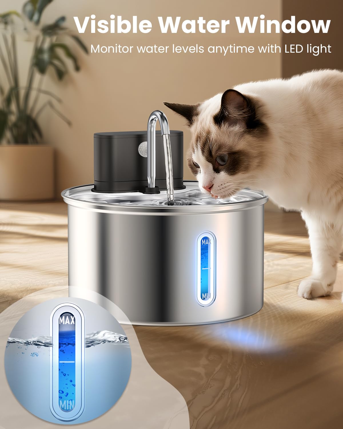 Fontana d'acqua wireless per gatti, in acciaio inox, con sensore, 3,5 l, a batteria, senza fili, erogatore automatico di acqua, pompa silenziosa, senza BPA, per bere, facile da pulire, per gatti, cani