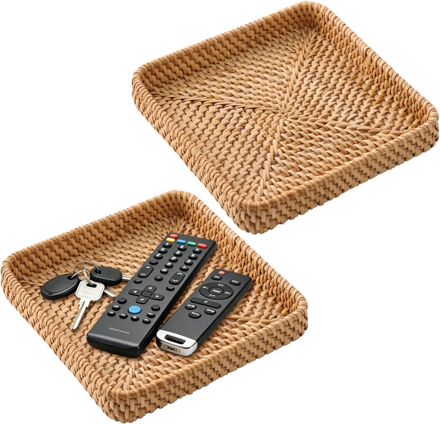 2 Pack Square Rattan Tray Set 8” Vietnam Rattan Decorative Tray Entryway Key Basket Hard Wicker Tray Storage Basket Remote Control Organizer Woven Basket for Coffee Table Kitchen Home Decor