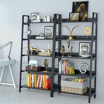 Himimi Ladder Bookshelf Black,Tall Bookcase and Book Shelf 5 Tier Shelves, Industrial Modern Wood Display Shelf Book Case with Metal Frame,Storage Rack Home Office Furniture for Living Room,Bedroom