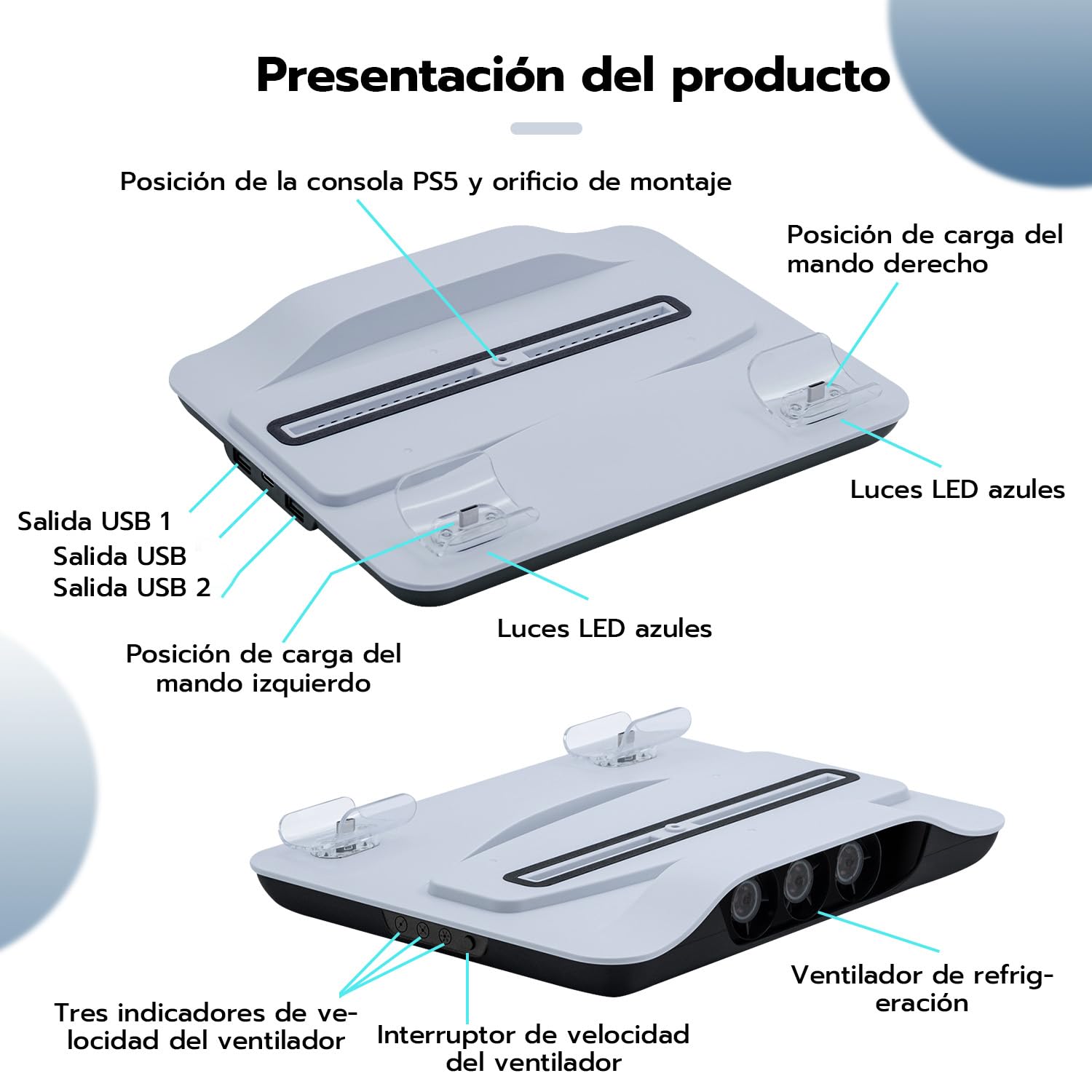 Mcbazel - Estación de Carga Vertical para Consola PS5, Soporte Multifuncional con luz Azul y LED, Carga rápida para mandos de Juego para Consola PS5 - Blanco (no para PS5 Slim)