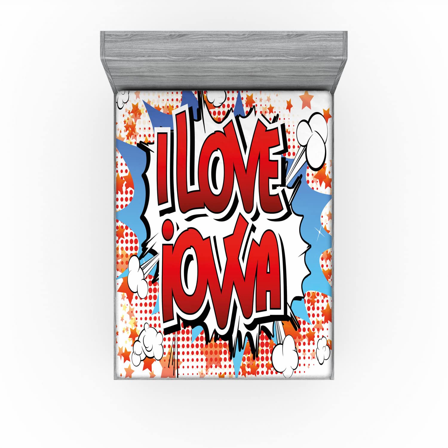 Ambesonne Iowa State 2 Pack Fitted Sheet, I Love Iowa Comic Book, Bed Cover All-Round Elastic Deep Pockets 2 Pieces, Package Contains 2 Full Size Fitted Sheets, Vermilion Blue