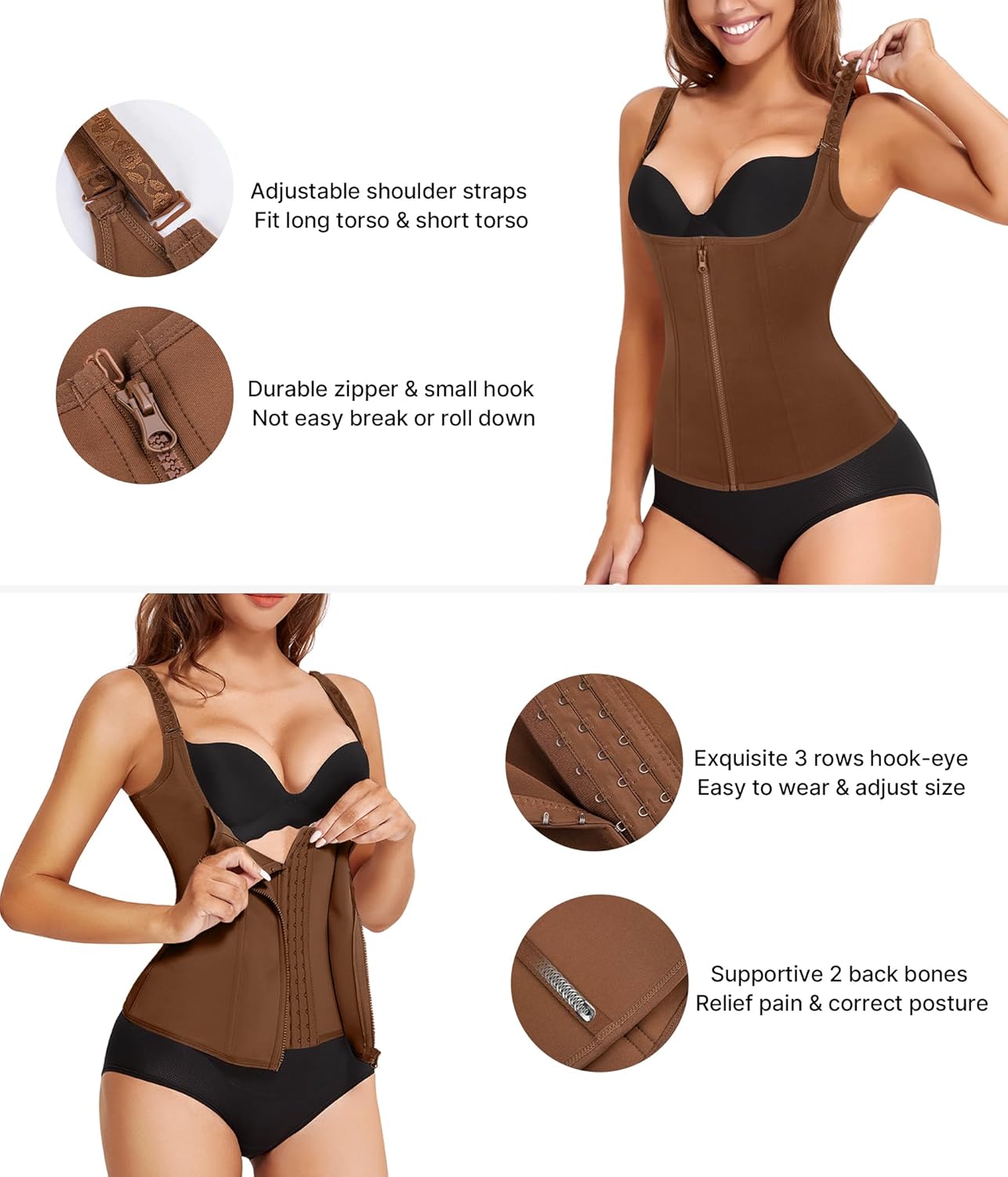 Nebility Waist Trainer for Women Corset Shapewear with Zipper Women's Waist Cincher Tank Top with Adjustable Straps - Image 3