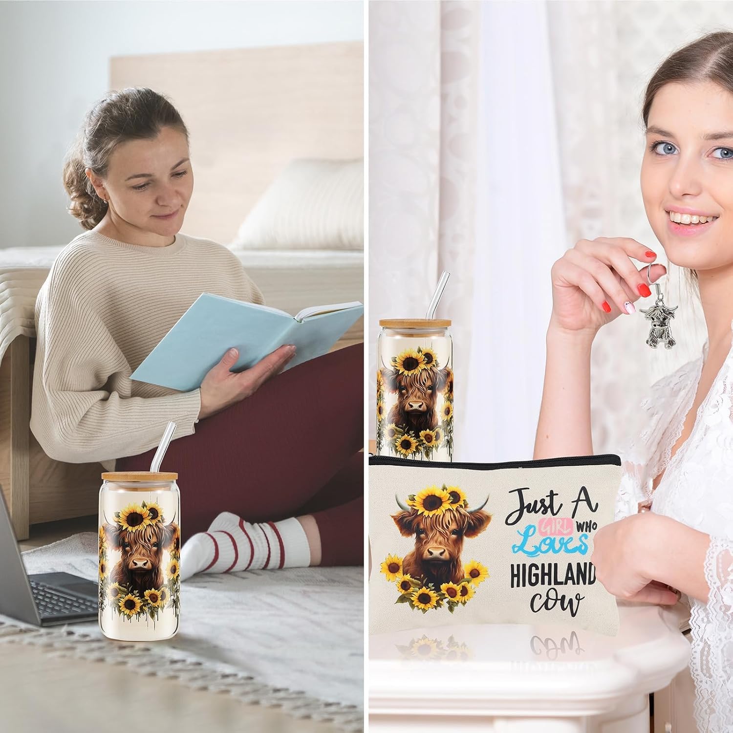 SAIWEILAI ONLINE 6 Pieces Highland Cow Gifts Set for Women Highland Cow Lovers 16oz Glass Cups Just a Girl Who Loves Highland Cows Makeup Bag Socks Keychain Earrings and Gift Box for Sister Friends - Image 4