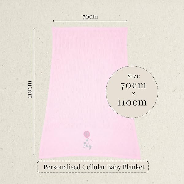 Lobeko Personalised Cellular Baby Blanket with Embroidered Name – 100% Cotton Soft Breathable Newborn Blanket, Pram Crib Moses Basket Blanket, Hot Air Balloon Design, 70x110cm (4 Colours) (Baby Pink) - 5