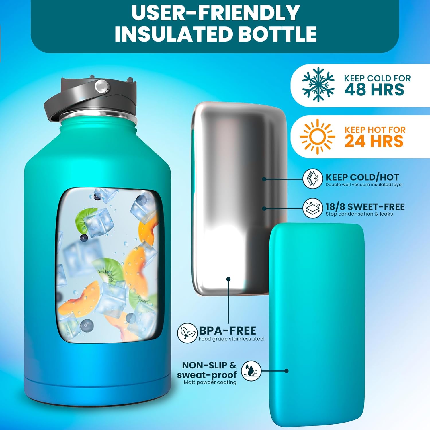 Large Insulated Water Bottle - Large Stainless Steel Water Bottle - 1 Gallon Stainless Steel - 128 oz Insulated