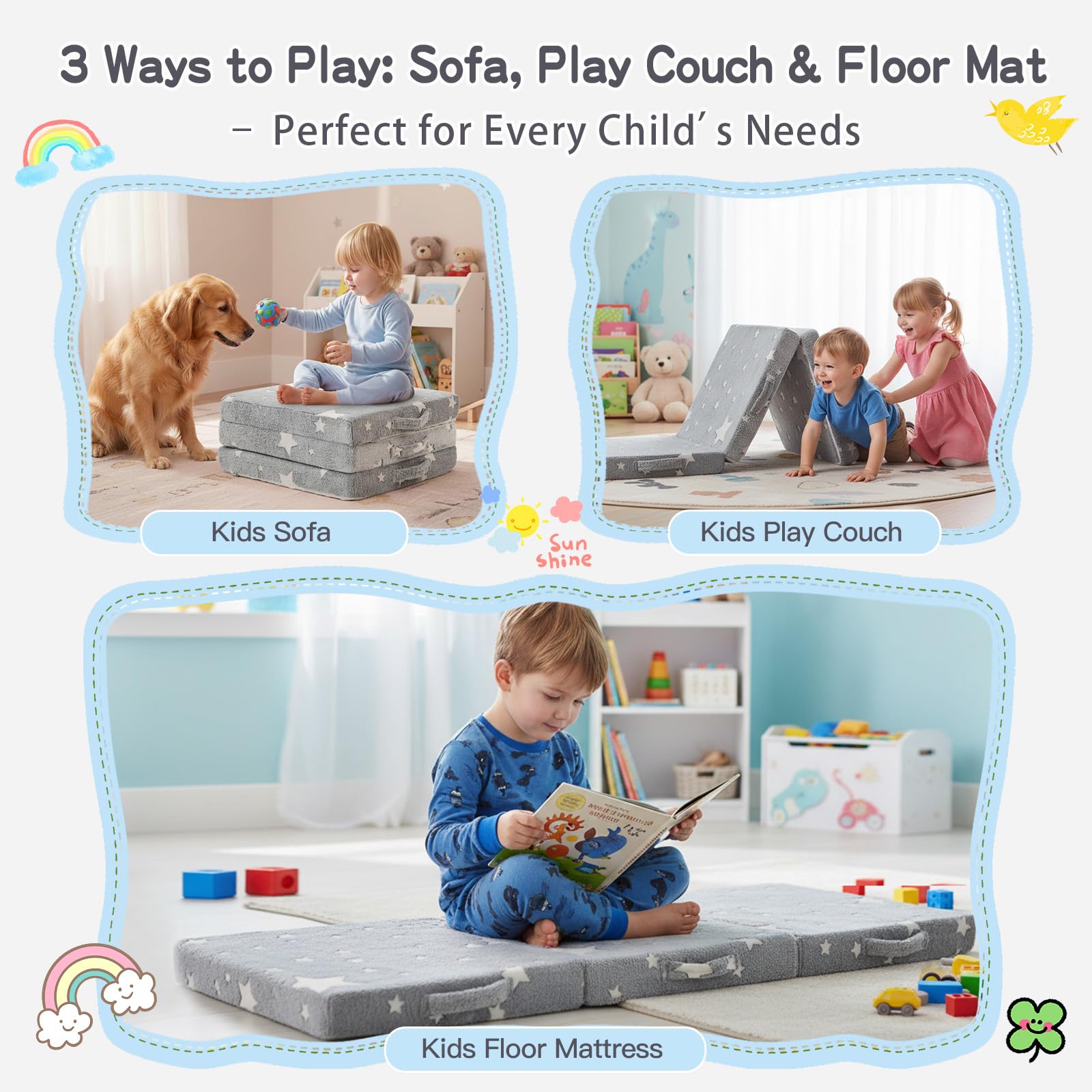 Tiita Trifold Bodenmatratze für Kinder, 145 x 56 x 8 cm Glow in The Dark Baby Kinder Futon mit abnehmbarem Bezug, Portable Schaumstoff Kleinkind Nap Matte mit Aufbewahrungstasche, Grey Star