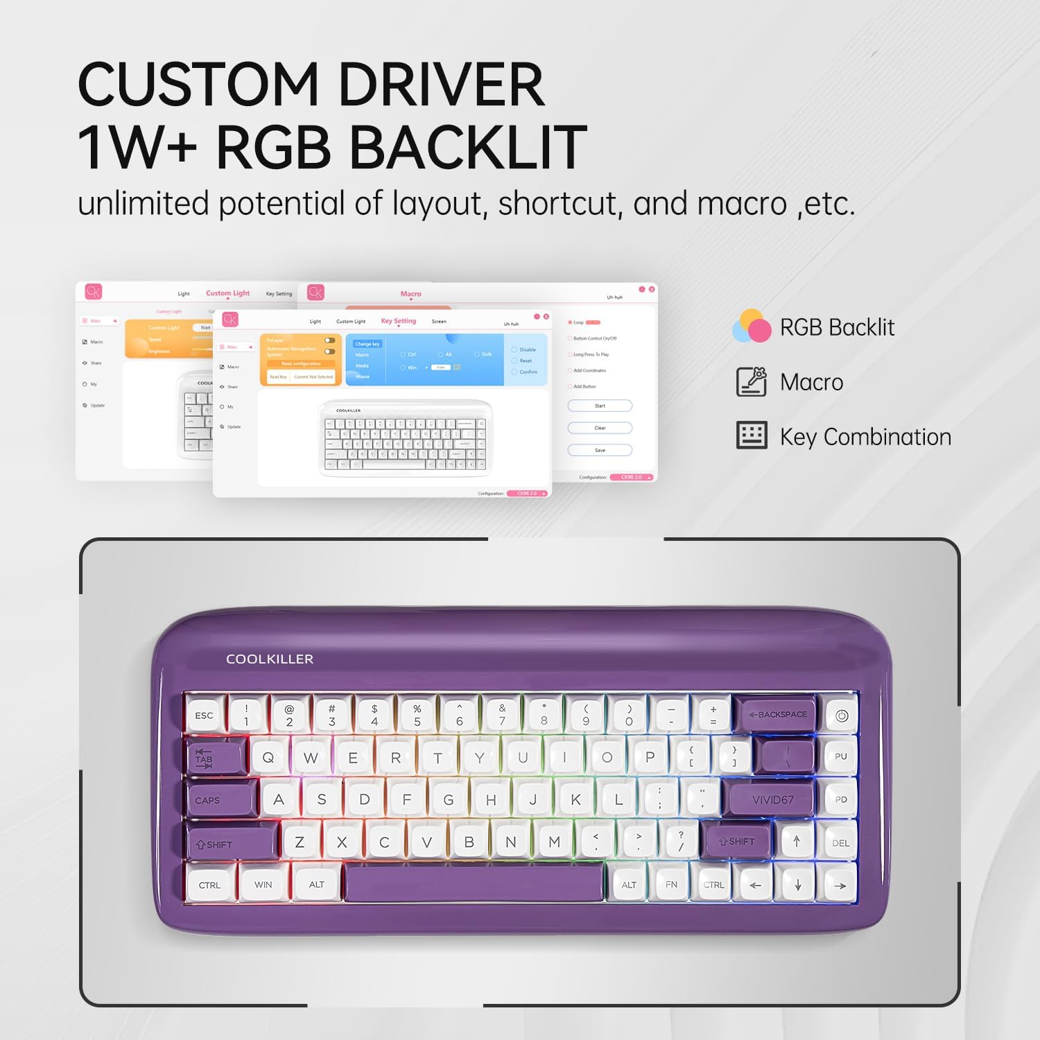CoolKiller VIVID67 65% Aluminum Keyboard, CNC Aluminum, Gasket Mount, Hot-Swappable, RGB Backlit, Custom Wireless Mechanical for Win/Mac (Violet Crush)