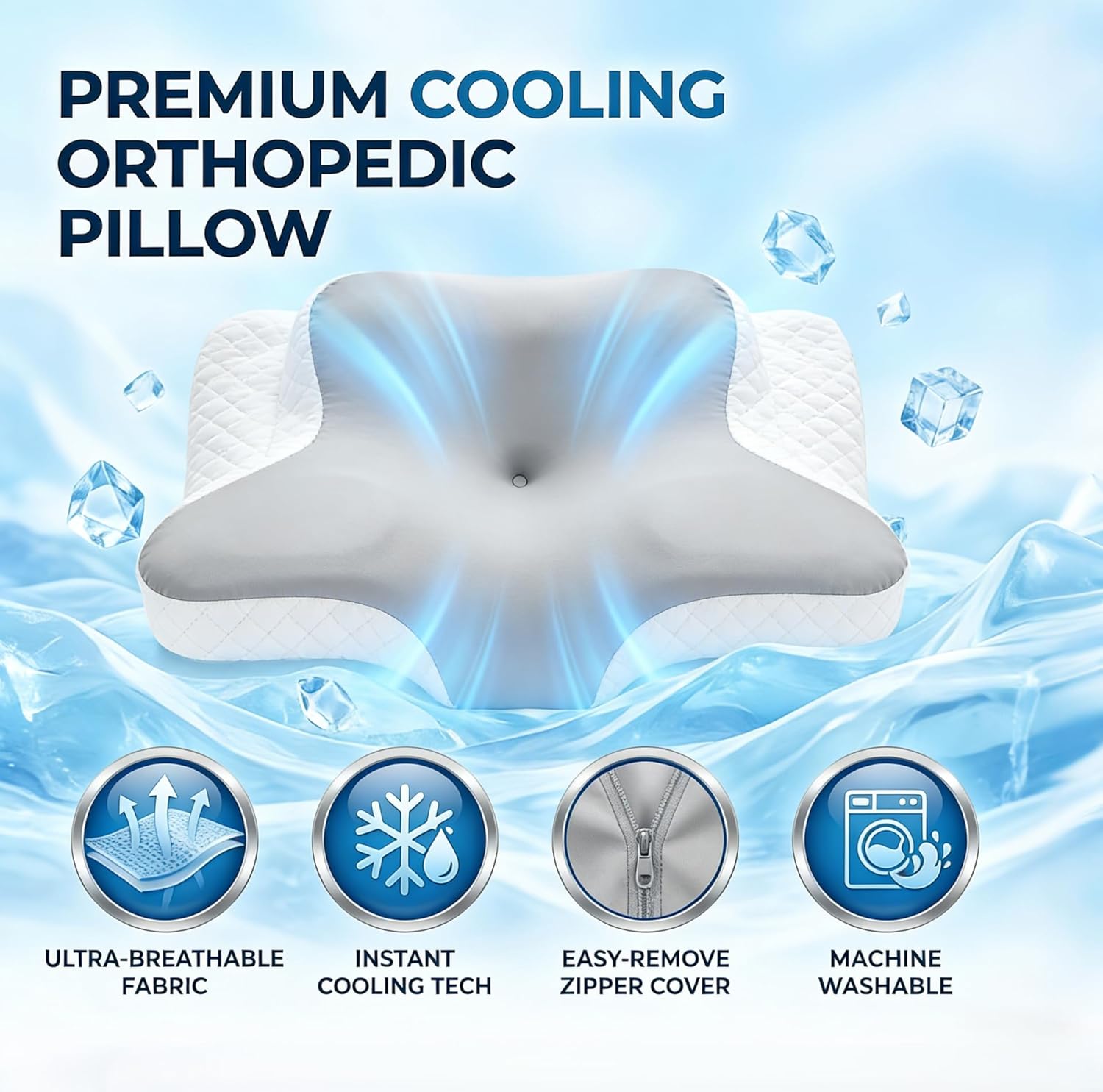 Ergonomic Cervical Neck Pillow, Cooling Memory Foam Bed Pillow for Side and Back Sleepers, Neck and Shoulder Support for Comfortable Sleeping (White & Grey)