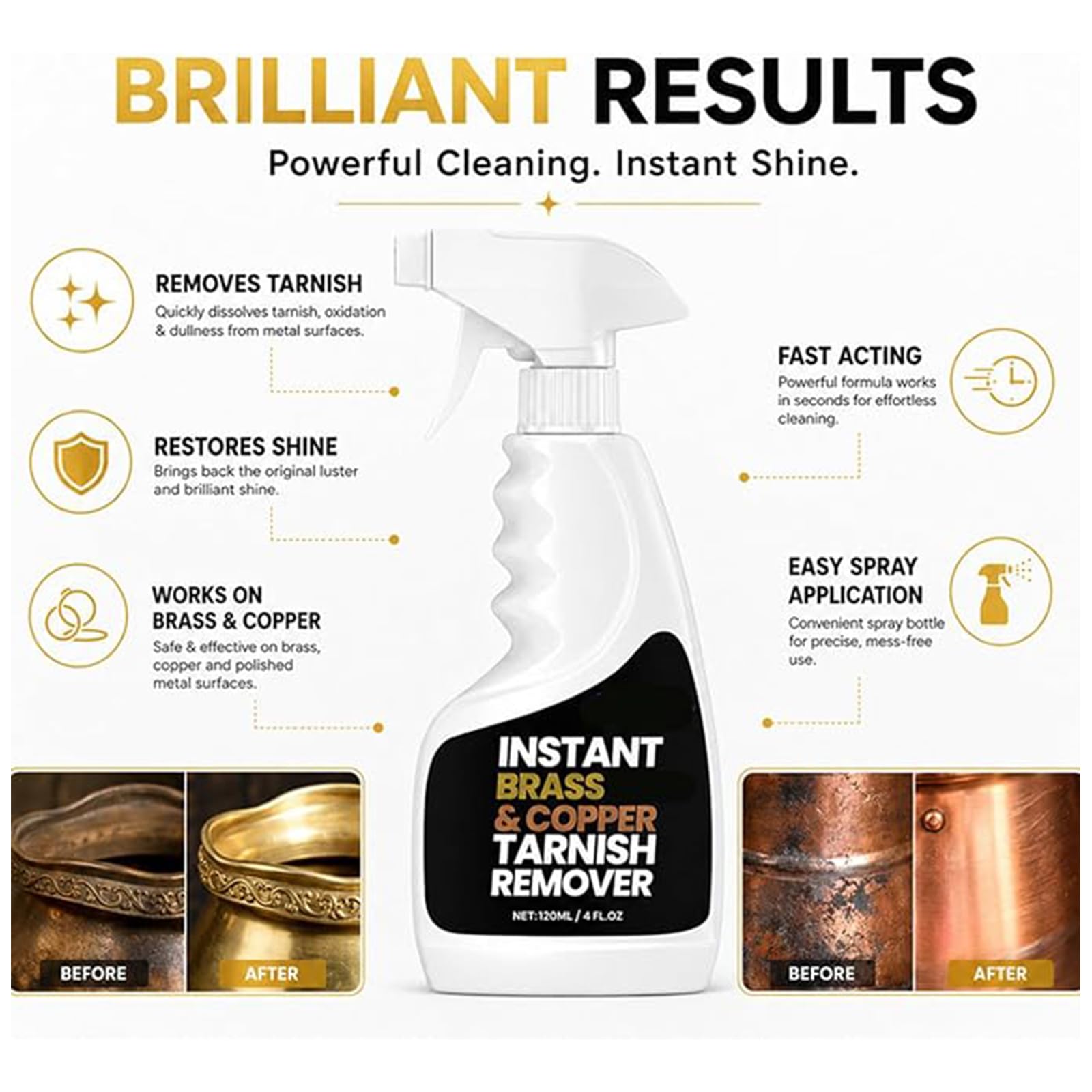 Sofort Messing-Anlaufentferner Spray, Messing Reiniger Und Politur (3pcs) | 120ml Metallpolitur Sanfte Formel Für Messing, Aluminium Und Metallbeschläge