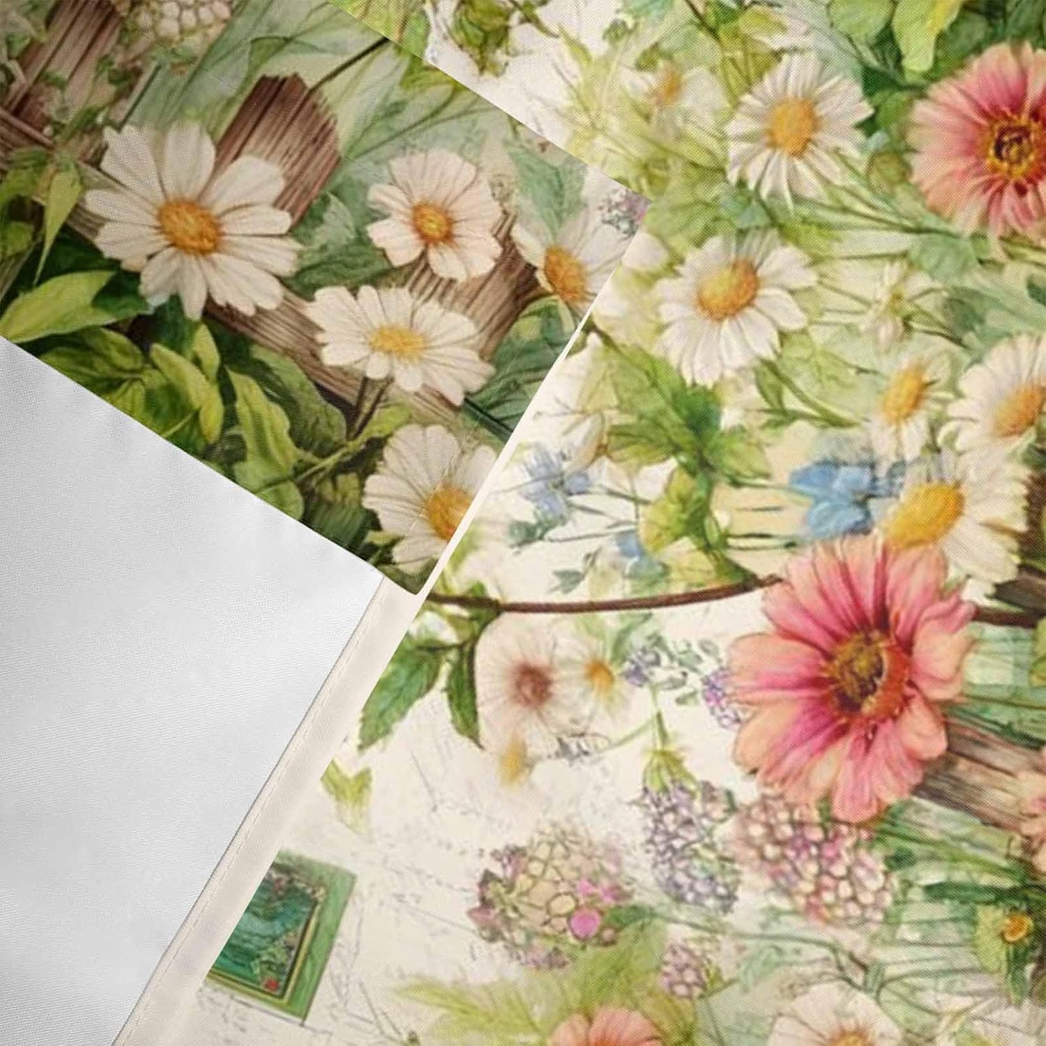 Spring Flowers Valance Curtain Country Watercolor Bird House Fence White Floral Leaf Beige Window Valances Rod Pocket Short Curtains Window Treatments for Kitchen Bedroom Bathroom Laundry 60" x 14"