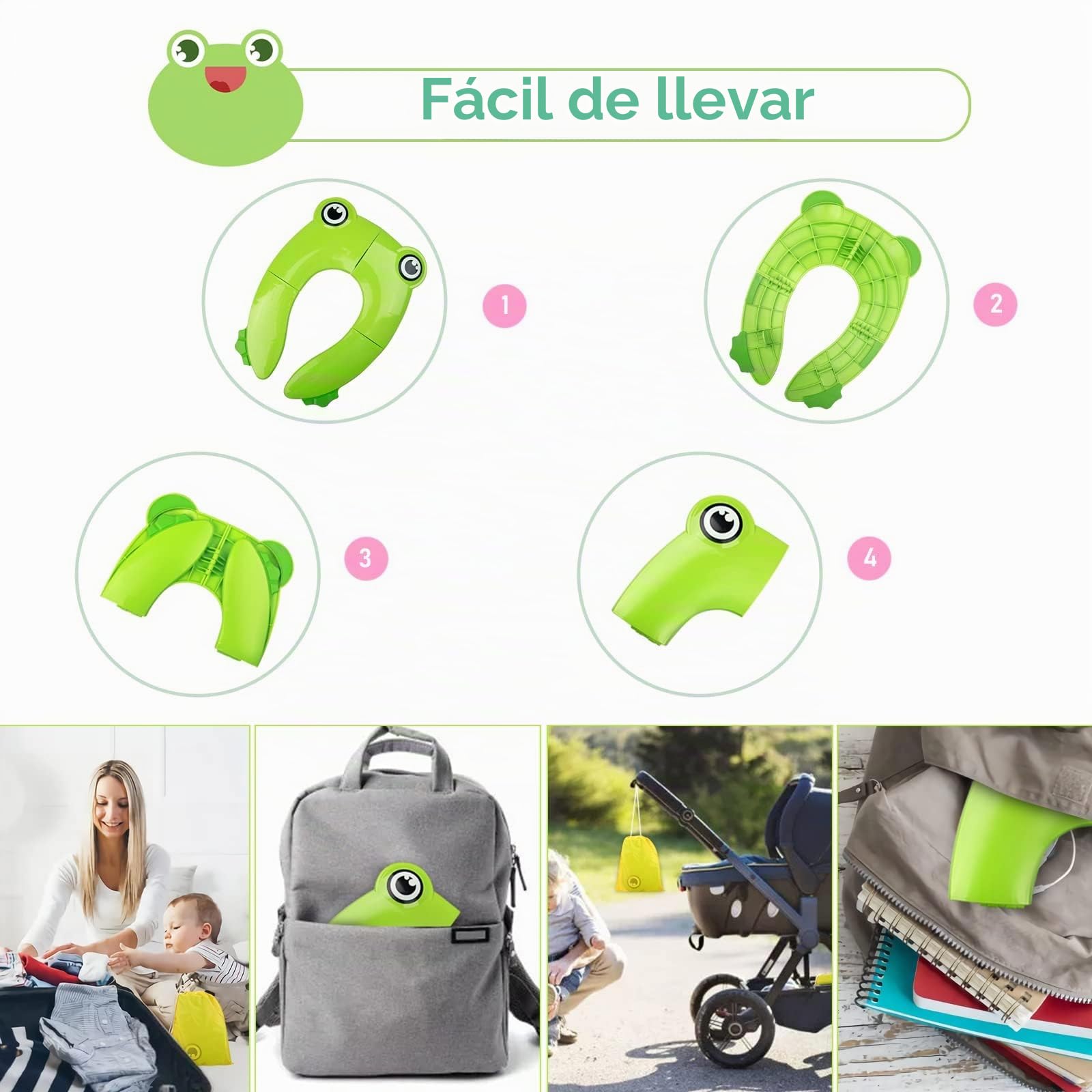 Adaptador WC Niños, Portatil para Inodoro para Niños, Plegable Reductor para Viaje, con 1 Bolsa de Transporte, Rana