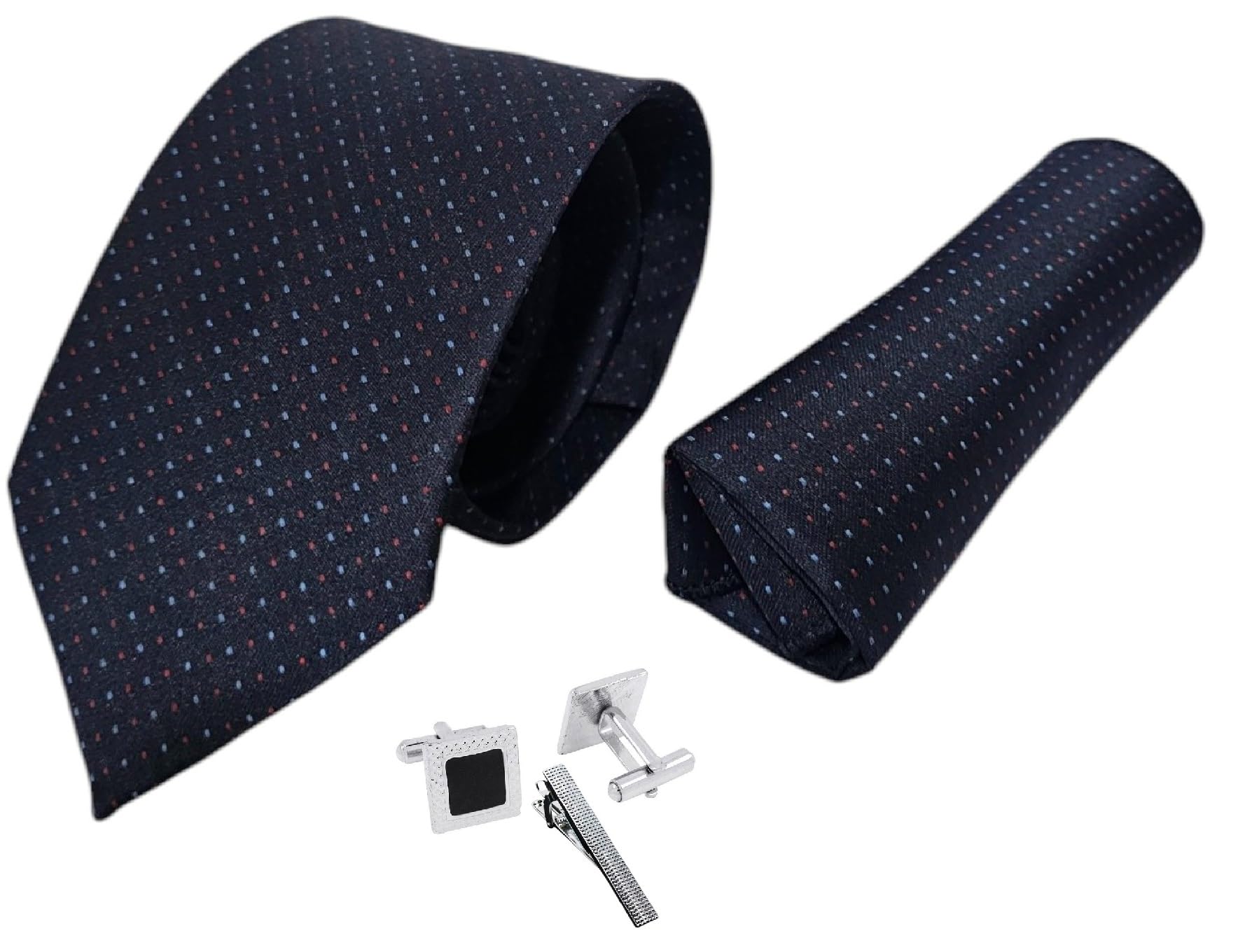 FashMade Premium Italian Silk Tie, Pocket Square with Square Brass Cufflinks & Silver Honeycomb Tie Pin Combo in Leather Gift Box for Men – Formal & Wedding Set tp-27-image-48