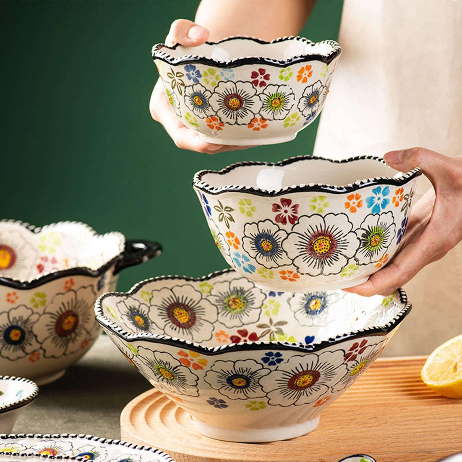 Keramik-Nudelschale, Keramik-Instant-Nudelschüssel, Ramen-Schüssel 2er-Set, Keramik-Ramen-Schüssel, große Suppenschüsseln-Blau und Blumen-8 Zoll(Yellow)