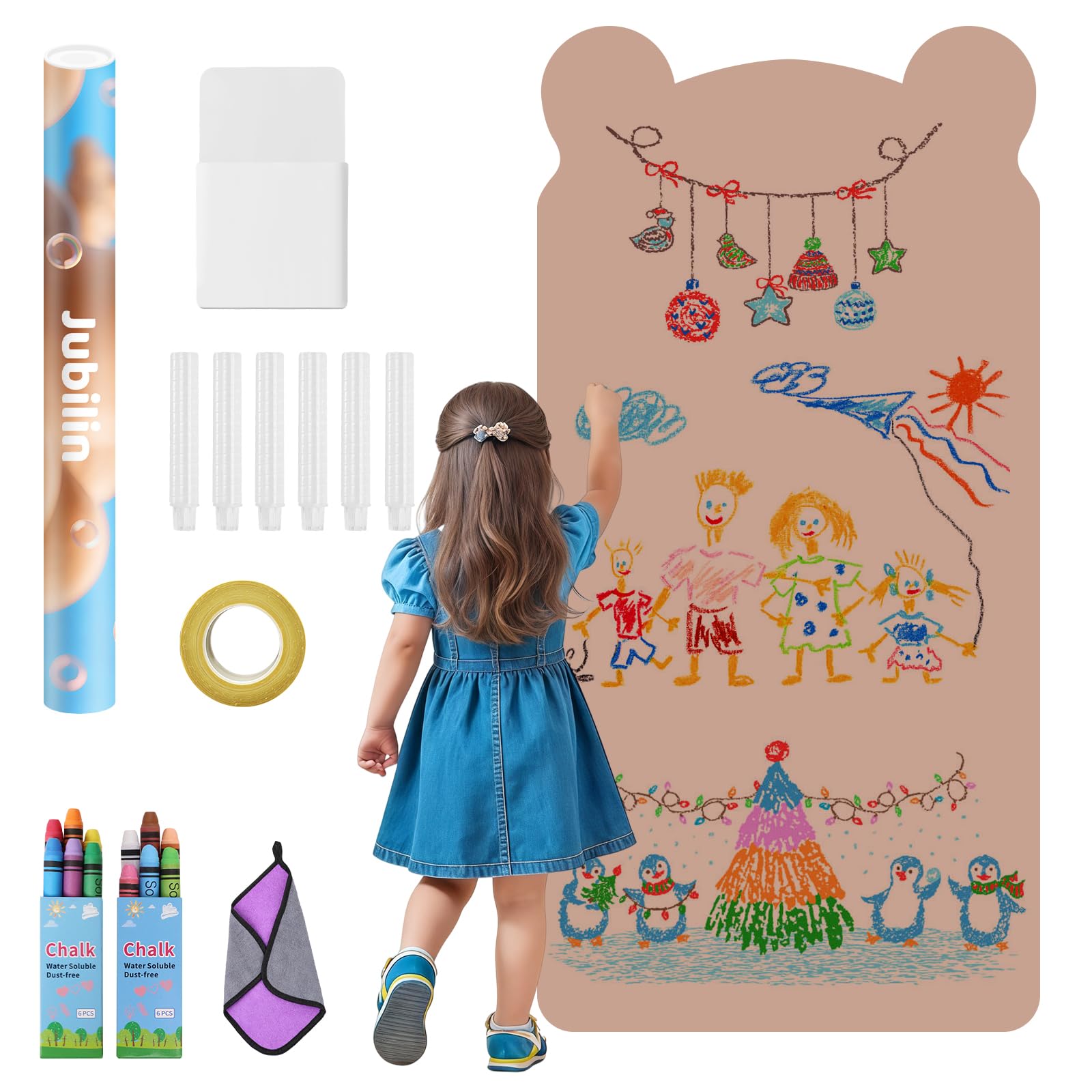 Tableau magnétique - 120 x 60 cm - Motif petit ours - 12 stylos à craie, 1 chiffon de nettoyage, 6 supports à craie, 1 boîte de rangement, 1 ruban adhésif, tableau à dessin magnétique (marron)