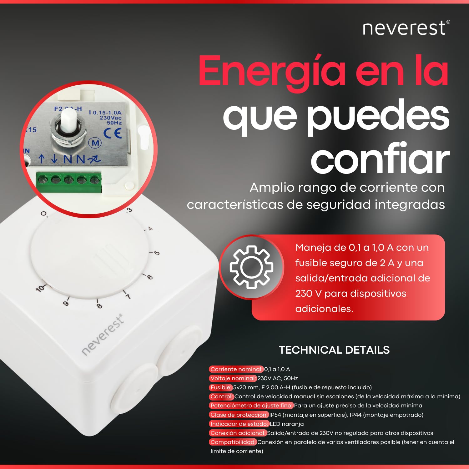 neverest® Regulador de velocidad de 230 V 1,0 A para ventiladores, bombas, motores, montaje en superficie/empotrado