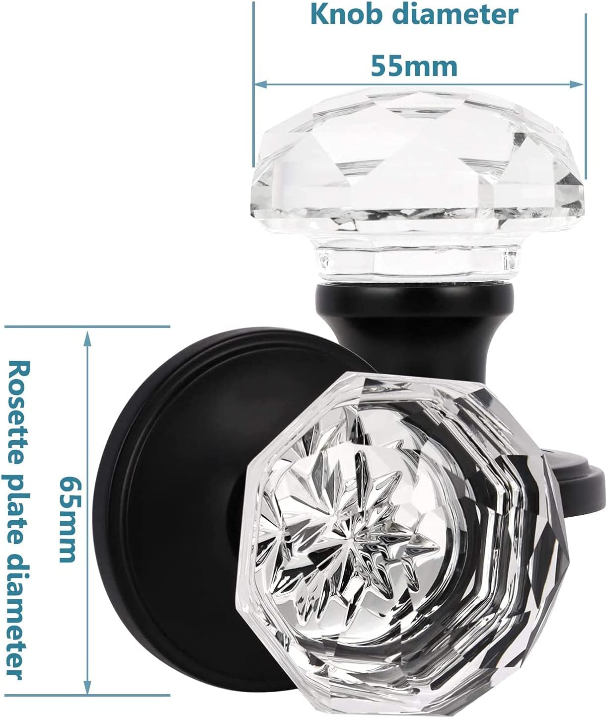 Gobrico Diamond Door Knobs 3 Pack Matte Black Finished Crystal Glass Doorknobs Octagon Style Interior Close Hall Locks Pantry Passage Door Handles with Classic Rosette
