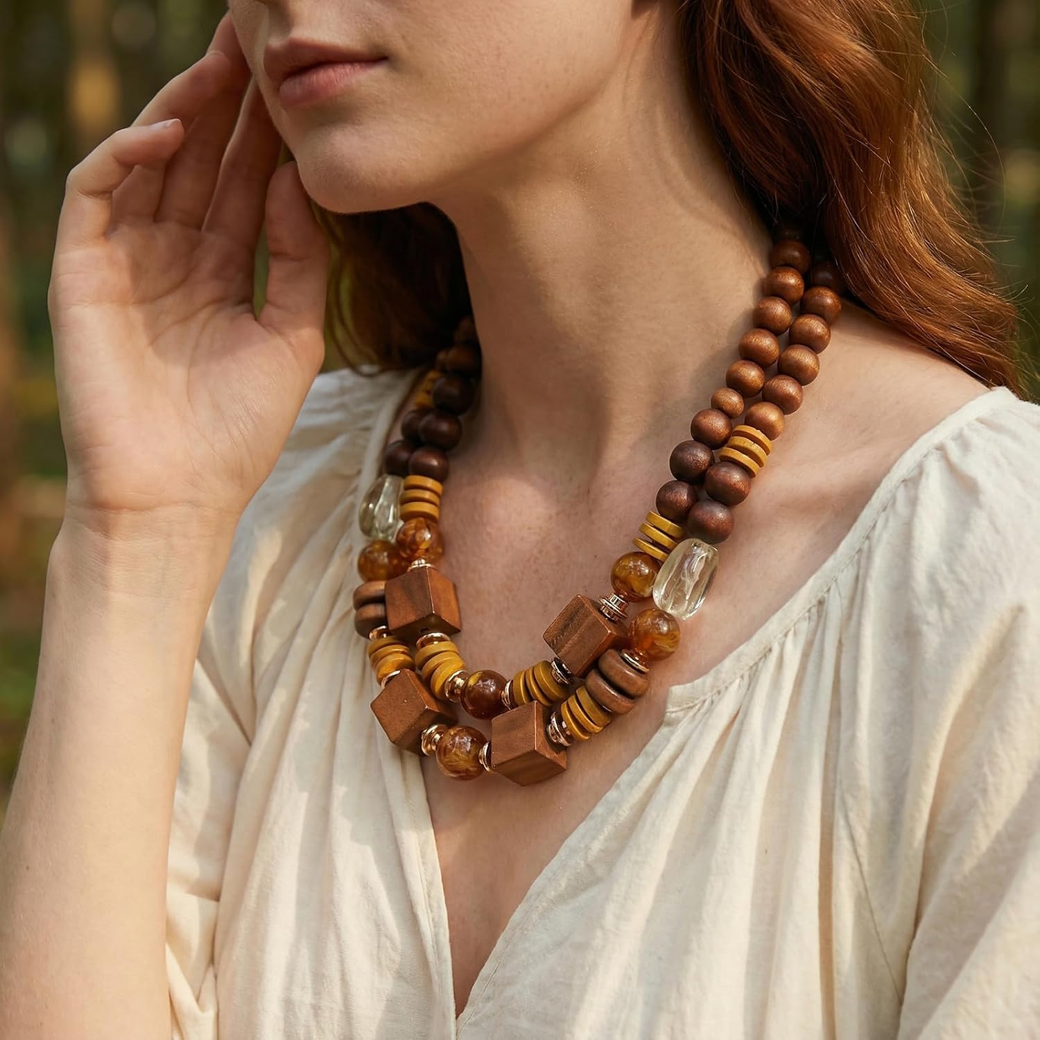 Bocar Bohemian Statement Necklace for Women Two Strand Wooden Bead Chunky Collar Necklace for Women(NK-10814)