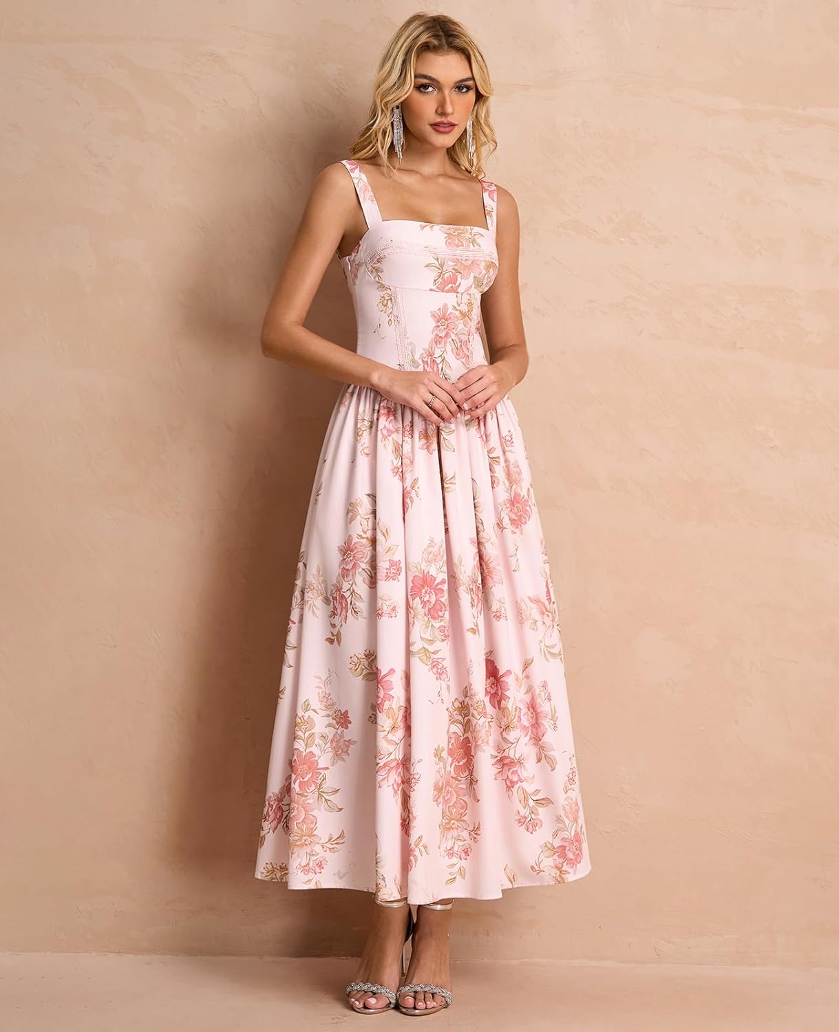 XinFSh Women's Summer Corset Midi Dress Flowy Square Neck Sleeveless Lace Wedding Guest Dresses with Pockets - Image 4