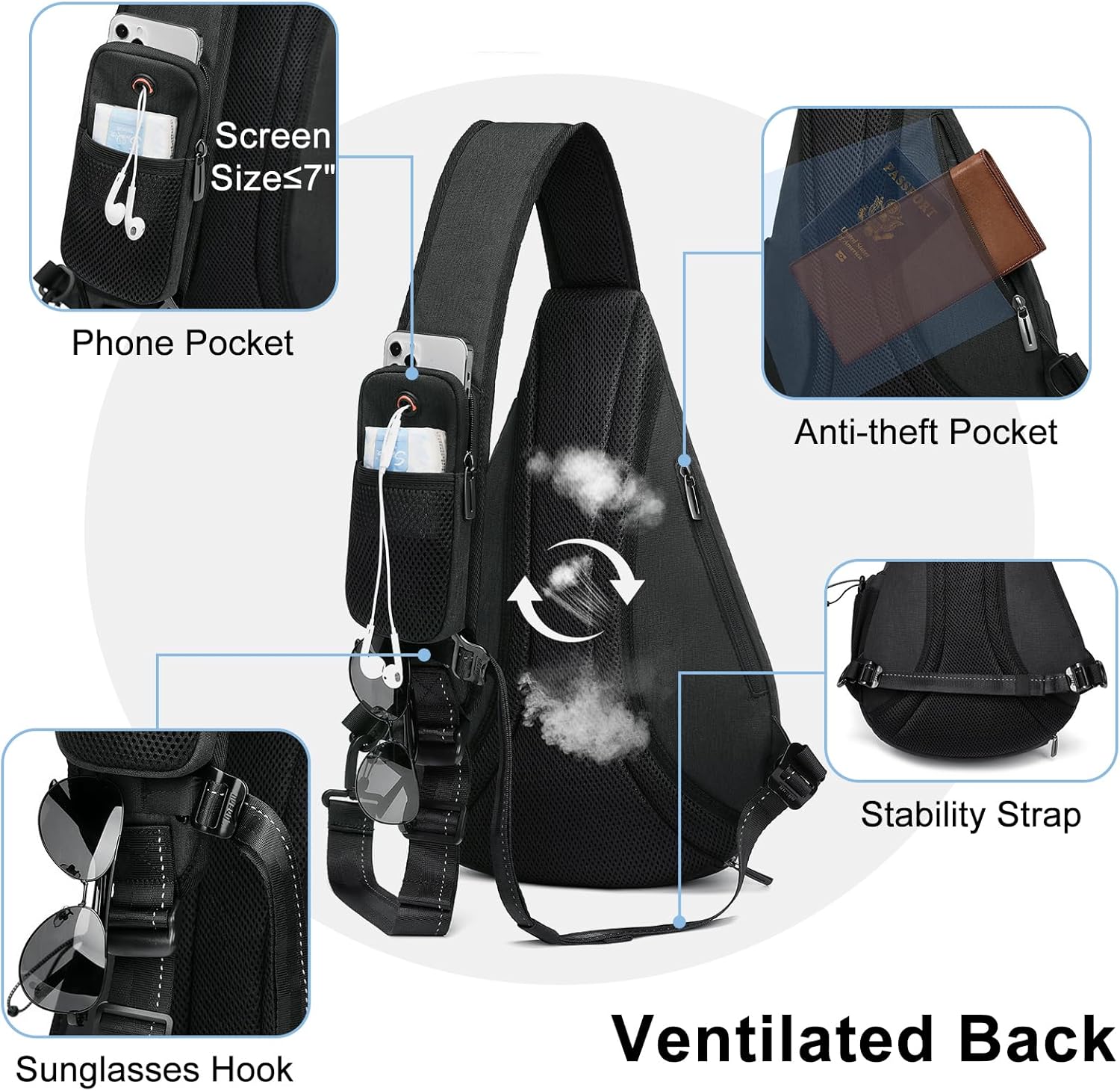TUDEQU Sling backpack, 8 Pockets Sling Bag Crossbody, 19L Large Sling Bag for Men Travel Crossbody Backpack Hiking Outdoor