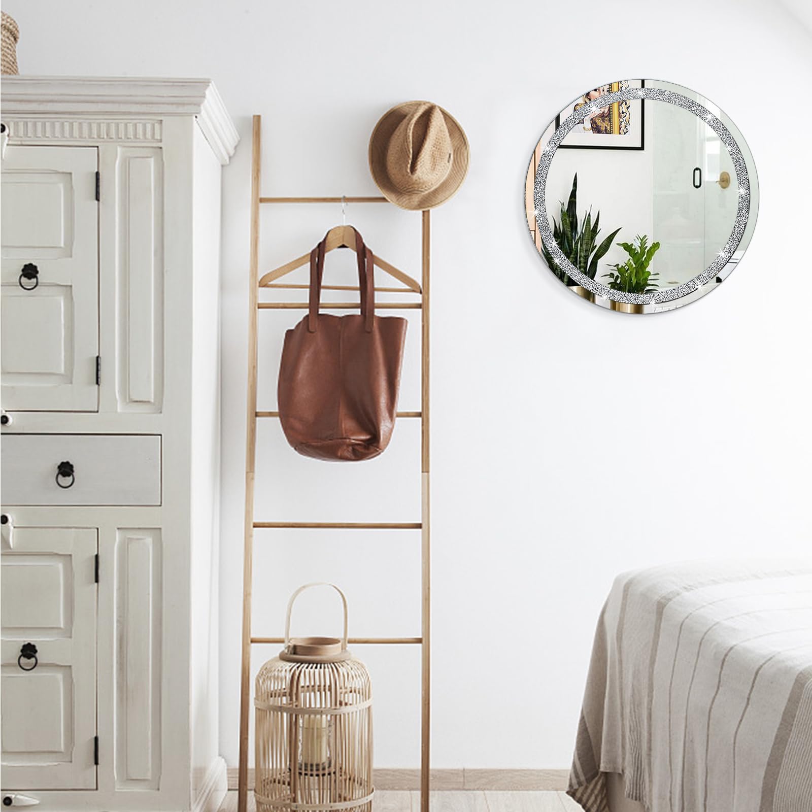 Crush Diamond Miroir rond sans cadre – Décoration murale en cristal pour la maison, couloir, salle de bain et chambre à coucher – 40 x 40 cm