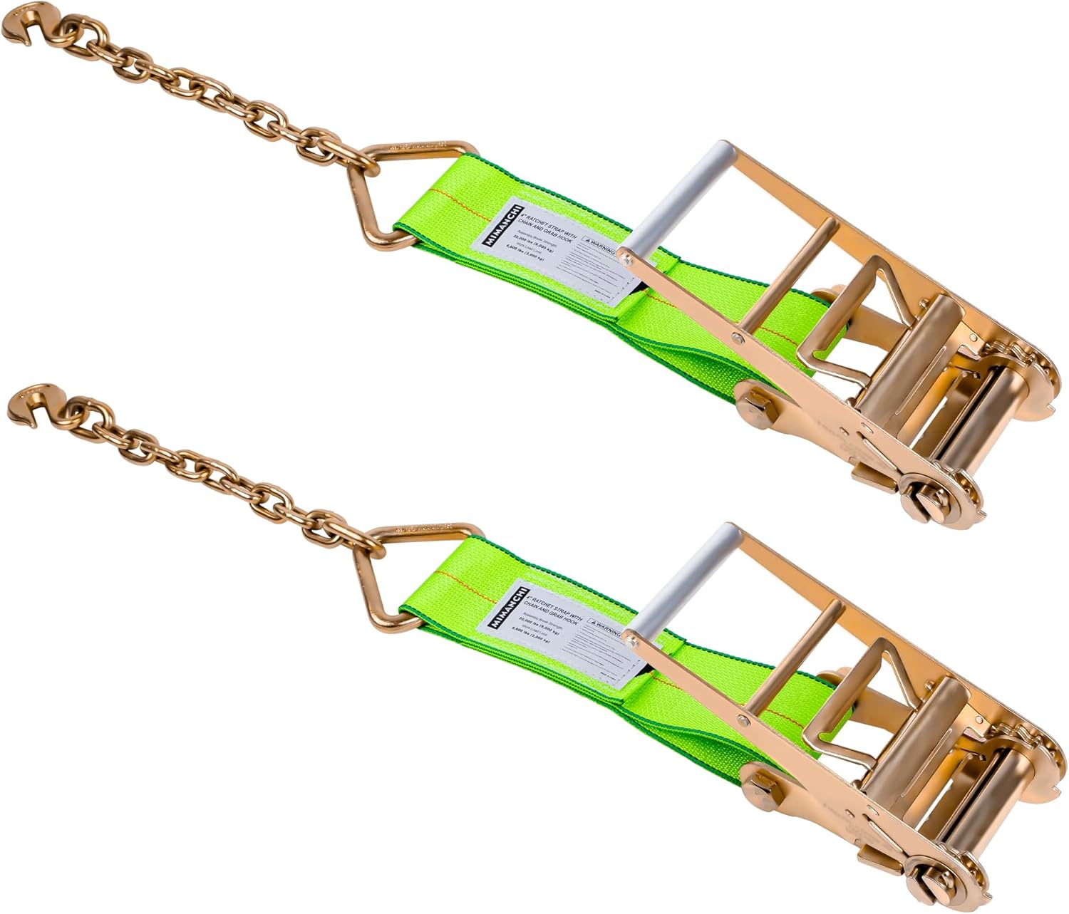 4 Inch Heavy Duty Ratchet Straps with Chain Anchor (2-Pack) – Short Tie Down Straps for Flatbed Trailers, Trucks & Car Haulers – Replacement Chain Extension End with Grab Hook