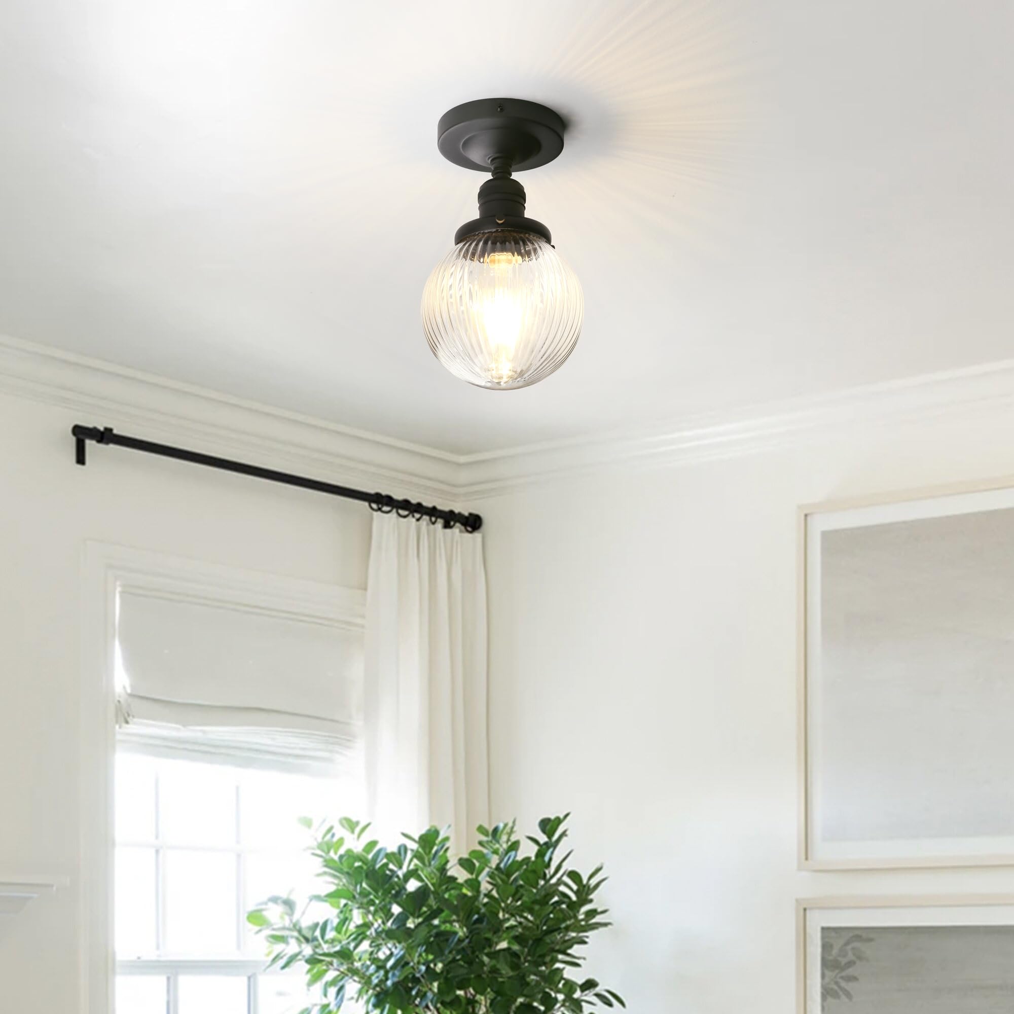 Pathson Plafonnier Industriel Vintage Luminaire E27 Rétro Lustre Suspension Abat-jour en Verre Globe Ø15CM Éclairage Plafond Pour Salon Cuisine Chambre (Noir)
