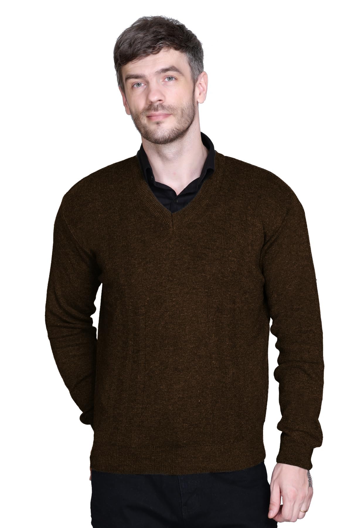 V Neck Wool Fullsleeve Pullover Sweaters for Men Winter Brown XL-picture-33