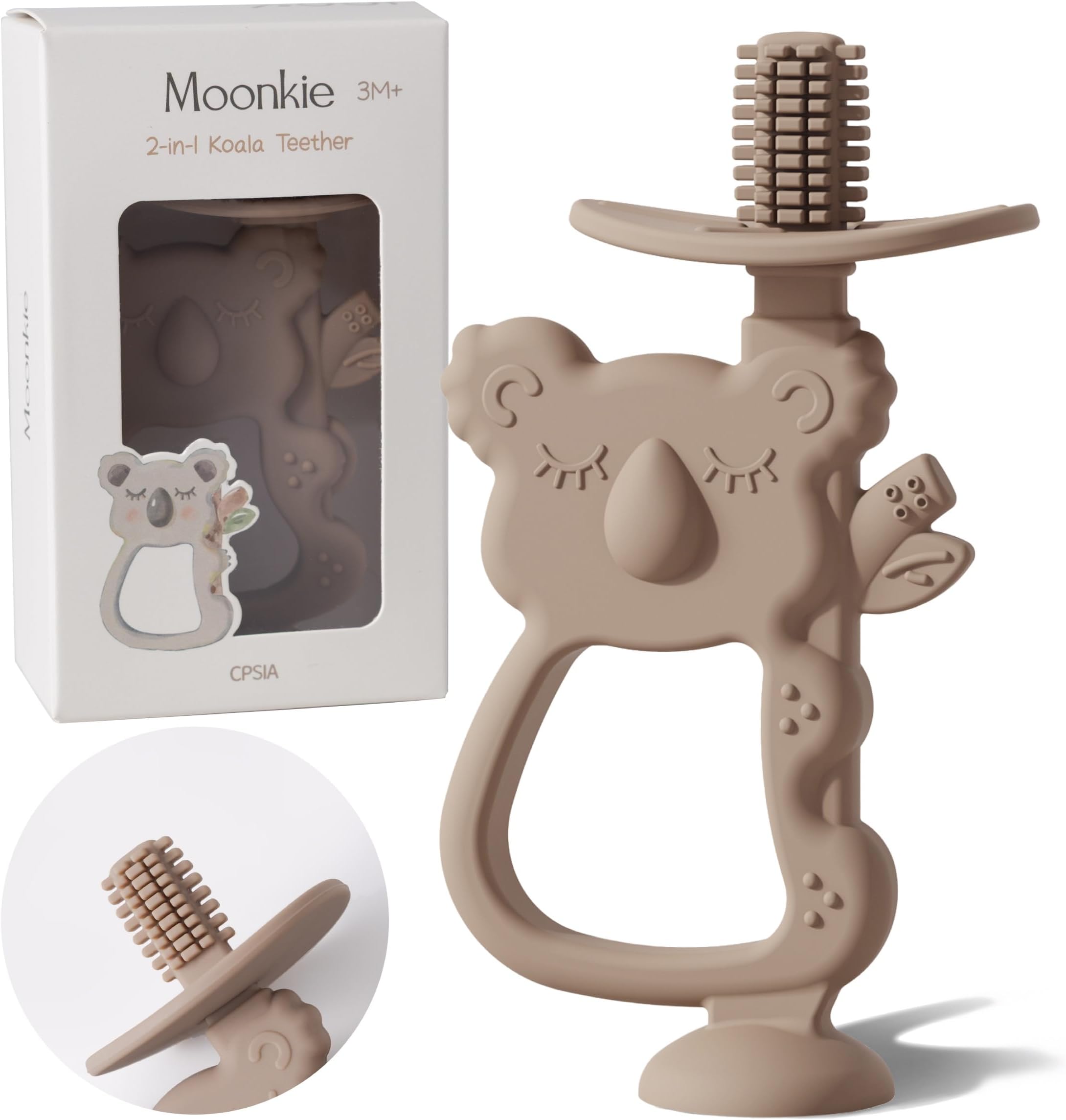 360° Baby Toothbrush Teether, BPA Free Silicone Suction Teething Toys for Babies (Koala Warm Taupe)