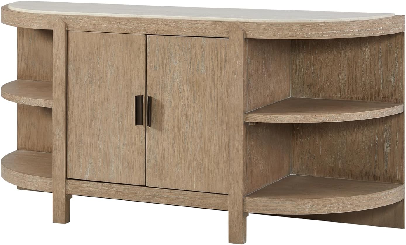 Curved Elegant Console Table with 2 Doors, Marble Top, Open Side Shelves, Concealed Storage for Living Room, Entryway, in Warm Toffee Wood Finish