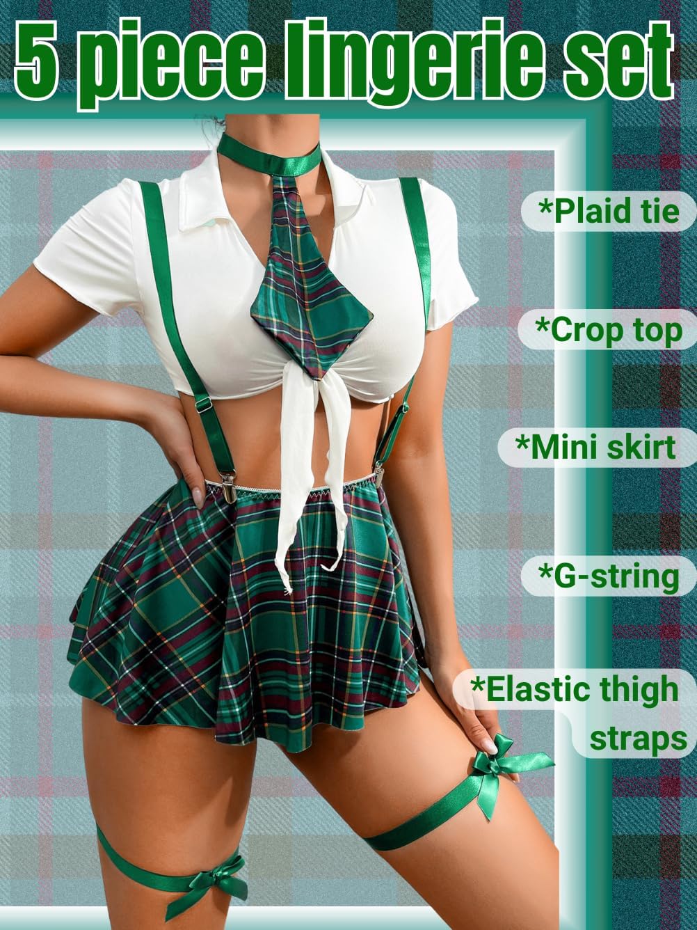5 Piece Cosplay Costumes For Women,Halloween Lingerie Outfits,Tie Crop Top & Plaid Skirt Set - Image 2
