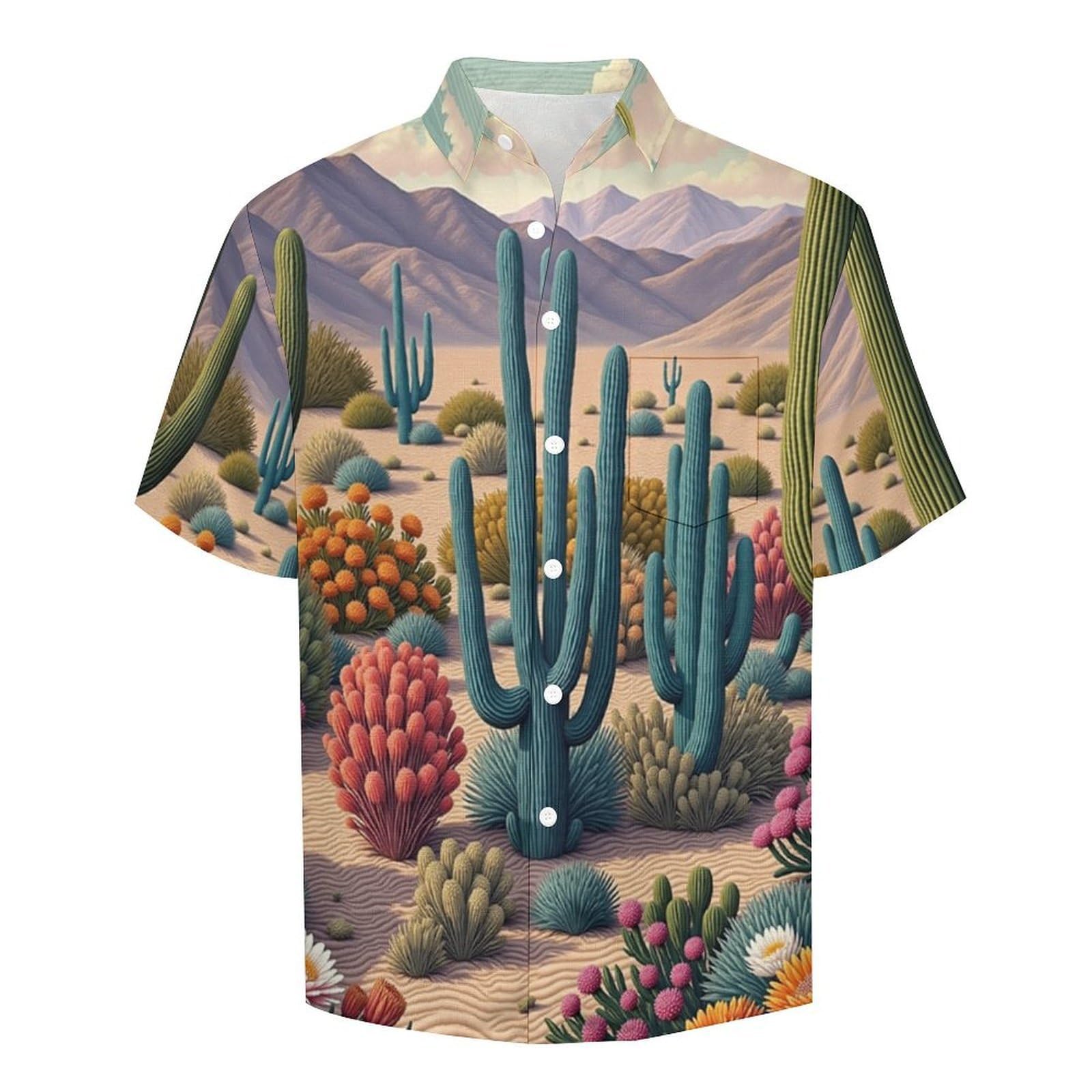 Camicie a Maniche Corte da Uomo - Camicie da Spiaggia con Stampa Illustrazione di Cactus del Deserto Paesaggio, Funky Estiva Cool Camicia Hawaiana Monopetto Camicia S-5XL