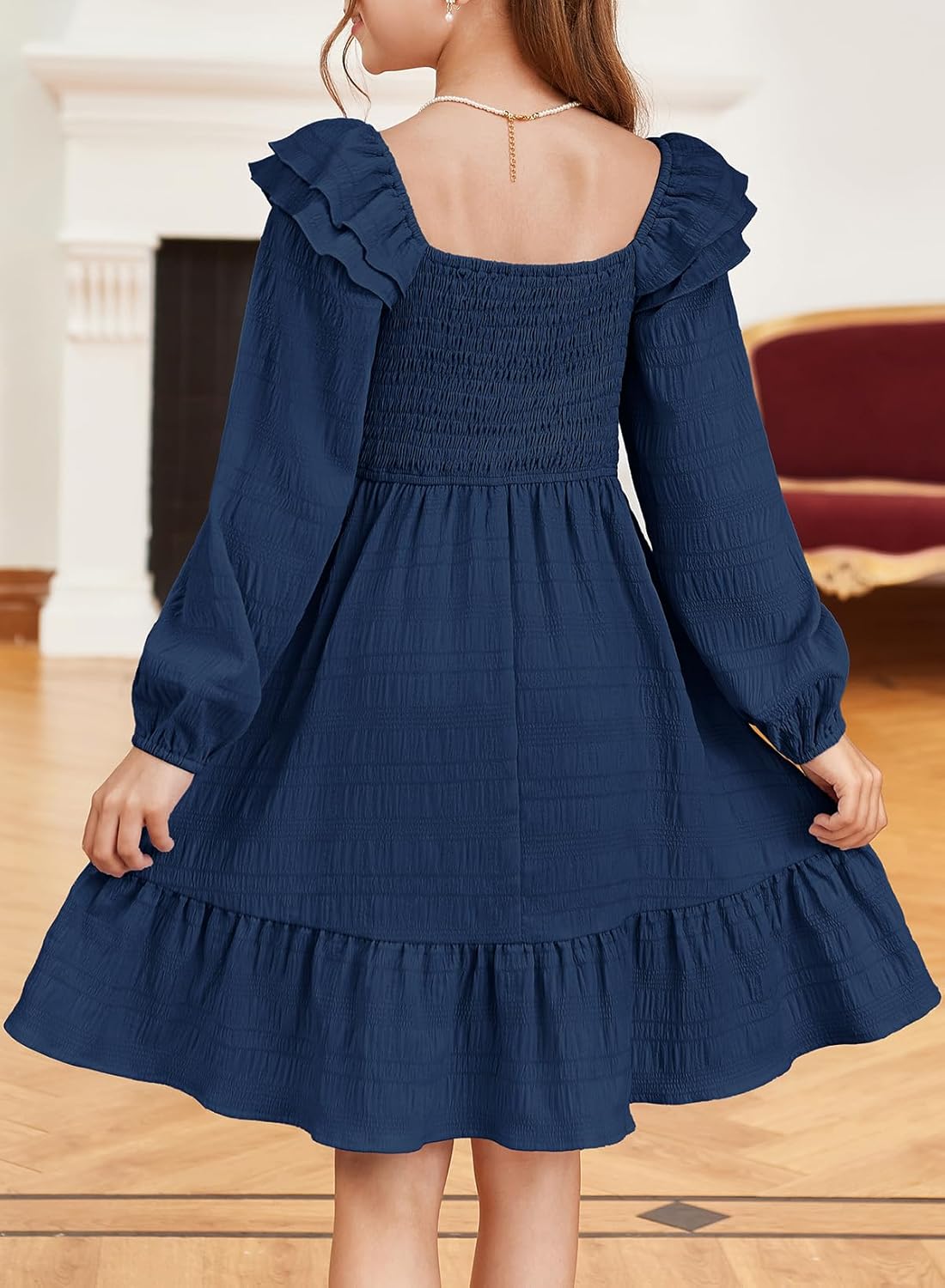 Girls Dresses with Tiered Ruffle Long Sleeve and Side Pockets, Smocked Fall Spring Dress for 6-13 Years - Image 3