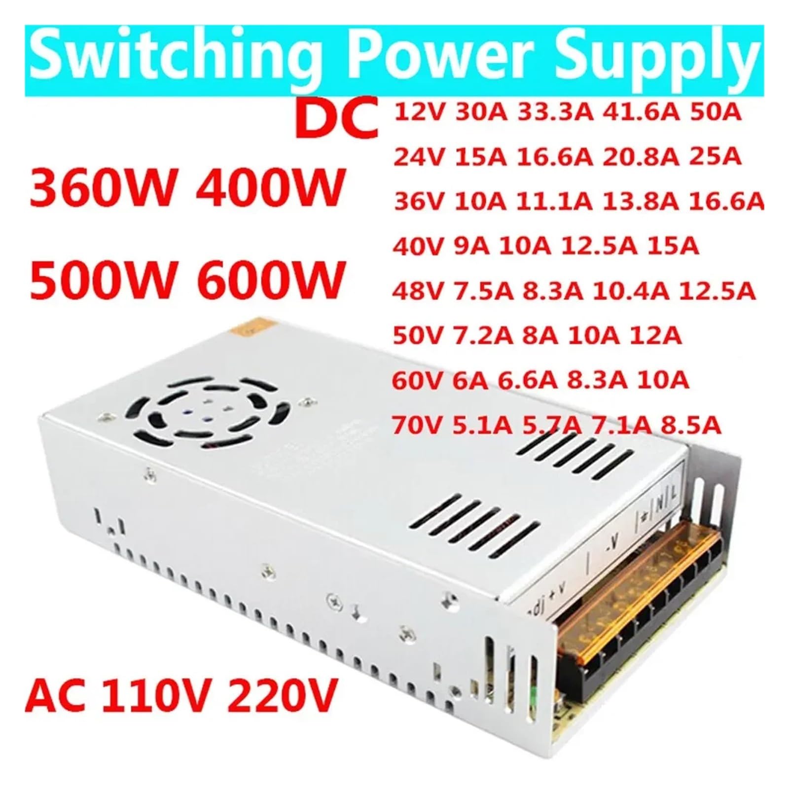 500 W 400 W 600 W 360 W DC Regulowany zasilacz impulsowy AC do DC Regulowany konwerter napięcia zasilania DC 12 V 24 V 36 V 48 V 50 V 60 V Transformator Wszechstronny i wydajny(12V 50A 600W)