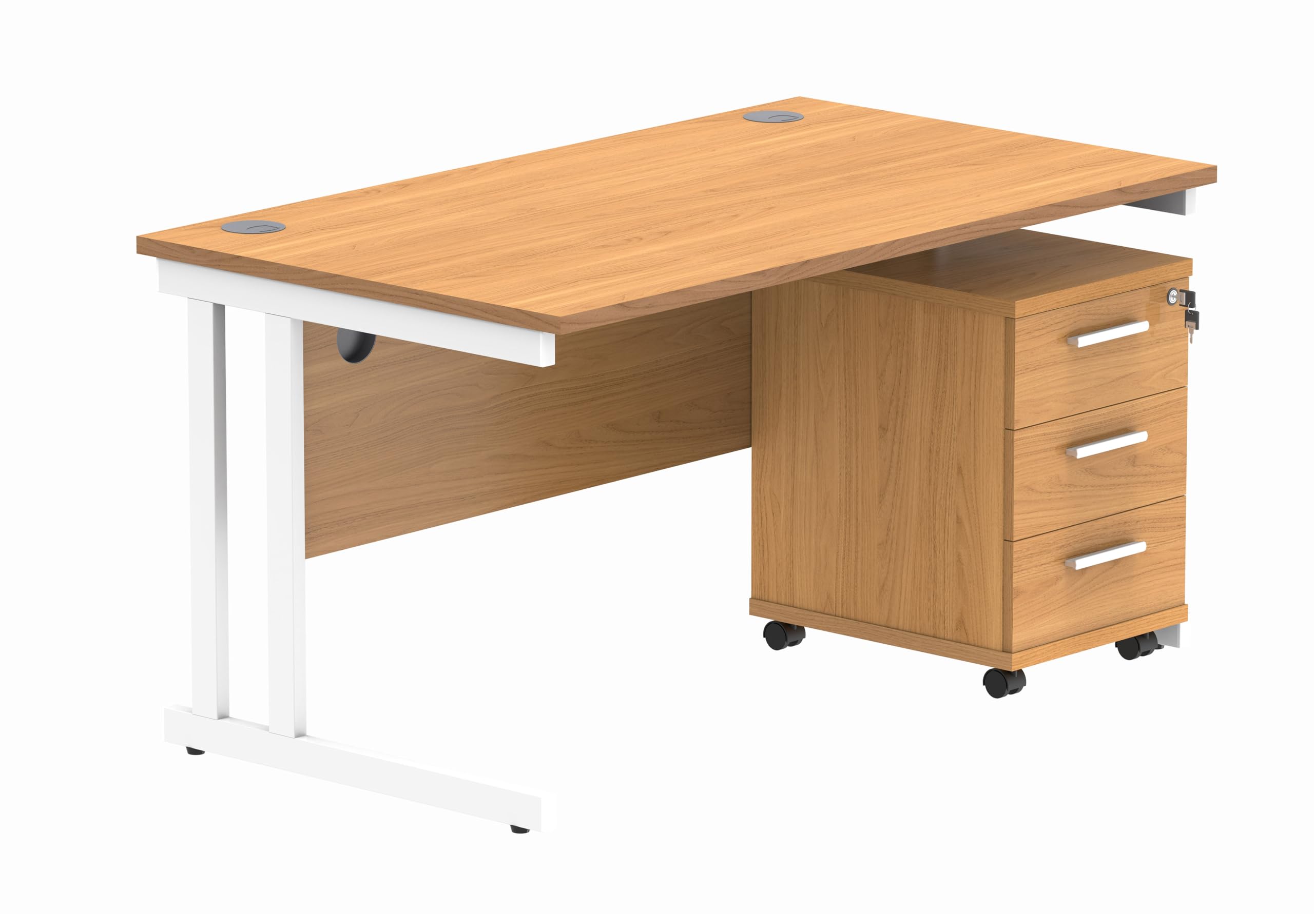 Office Hippo Heavy Duty Rectangular PC Office Desk with Storage, 3 Drawer Mobile Pedestal, White Frame, Norwegian Beech Top, 140 x 80 x 73 cm