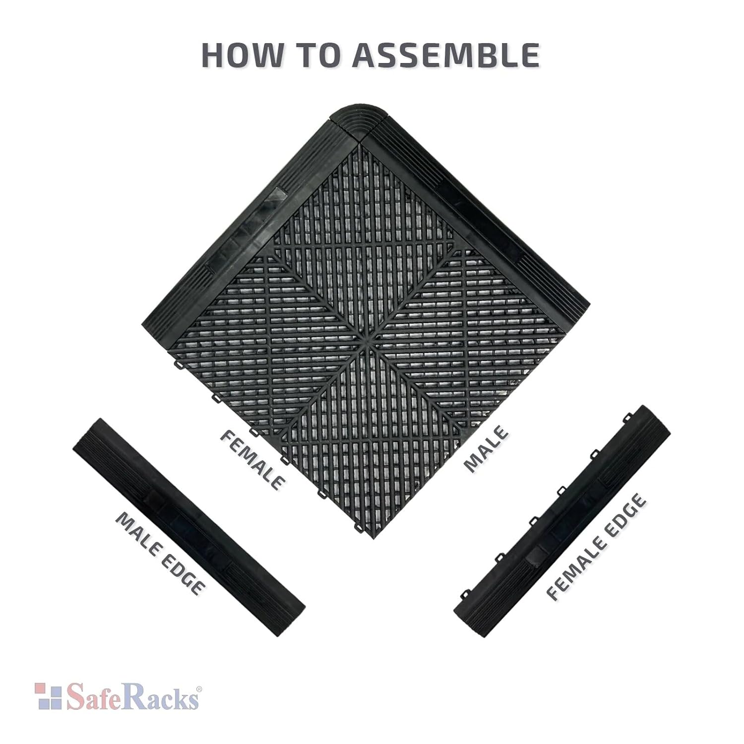 SafeRacks Floor Tile Edge Pieces - Garage Transformation Project, Seamless, Durable Interlocking, Enhance Appearance and Safety, Compatible with SafeRacks Tiles - 15.75" x 2", Male Kit Edge, Black