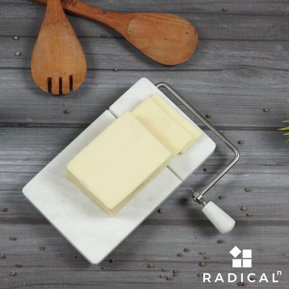 Radicaln Trancheuse à fromage, aliments mous en marbre blanc, planche à découper artisanale avec fil métallique - Coupe-légumes, 4 fils de rechange, 20,3 x 12,7 cm